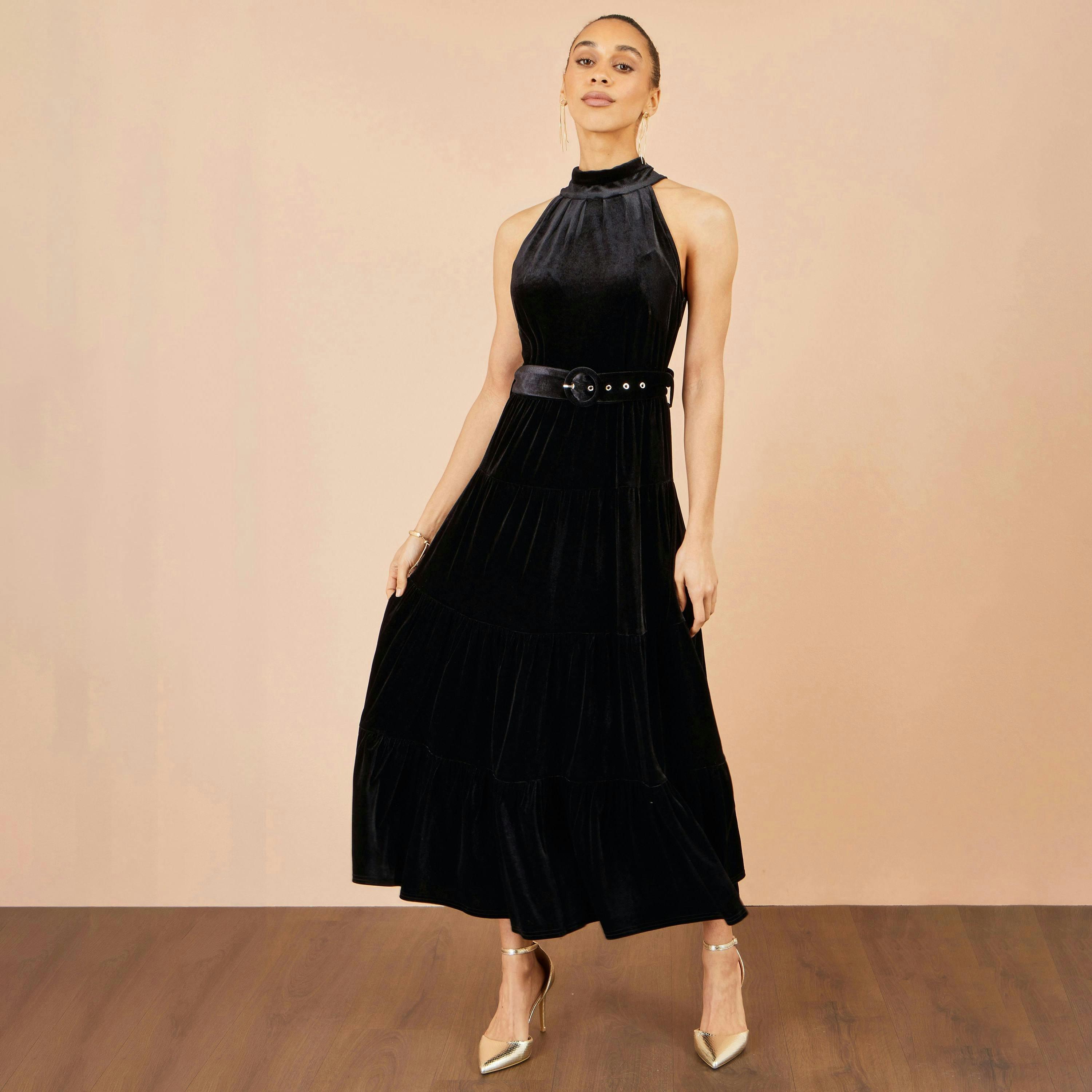 Yumi Black Velvet Halter Maxi Dress With Belt , view 3 of 6
