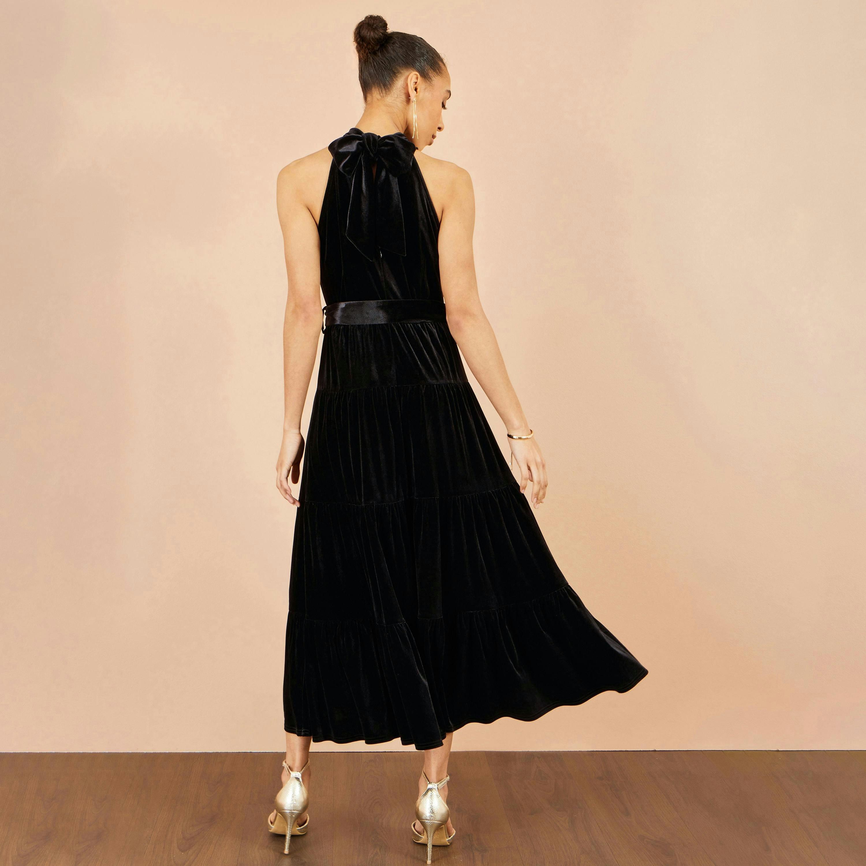 Yumi Black Velvet Halter Maxi Dress With Belt , view 4 of 6