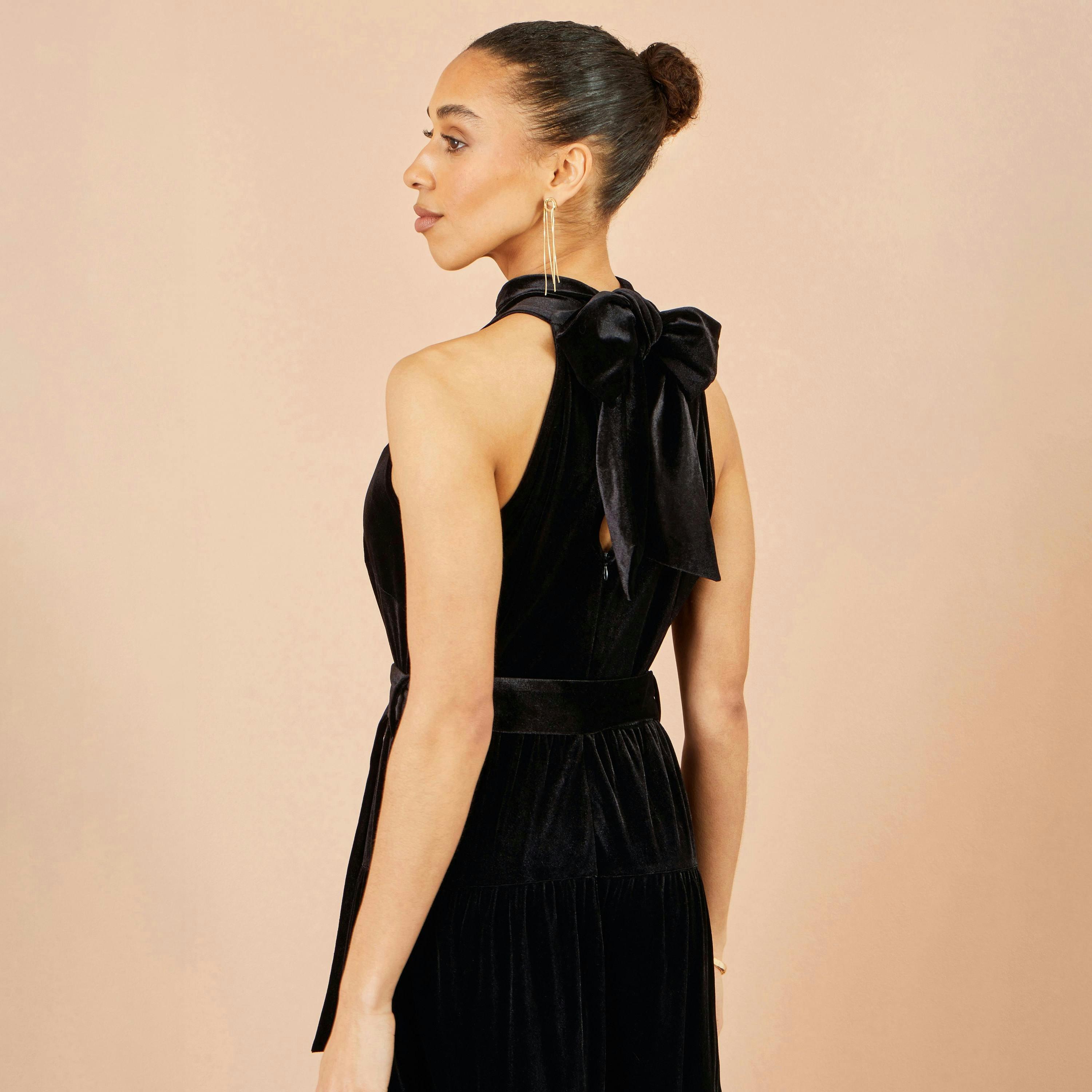 Yumi Black Velvet Halter Maxi Dress With Belt , view 5 of 6