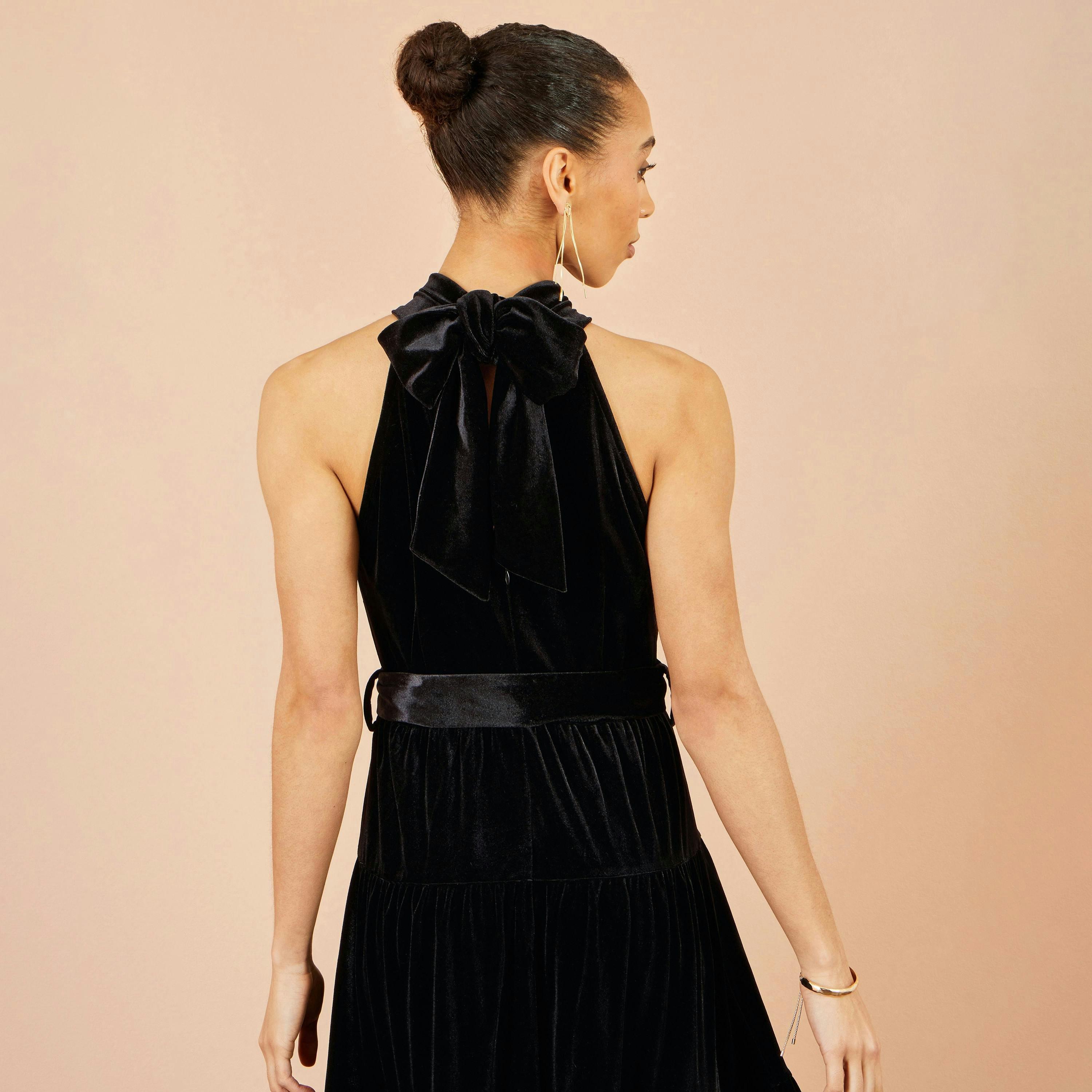 Yumi Black Velvet Halter Maxi Dress With Belt , view 6 of 6