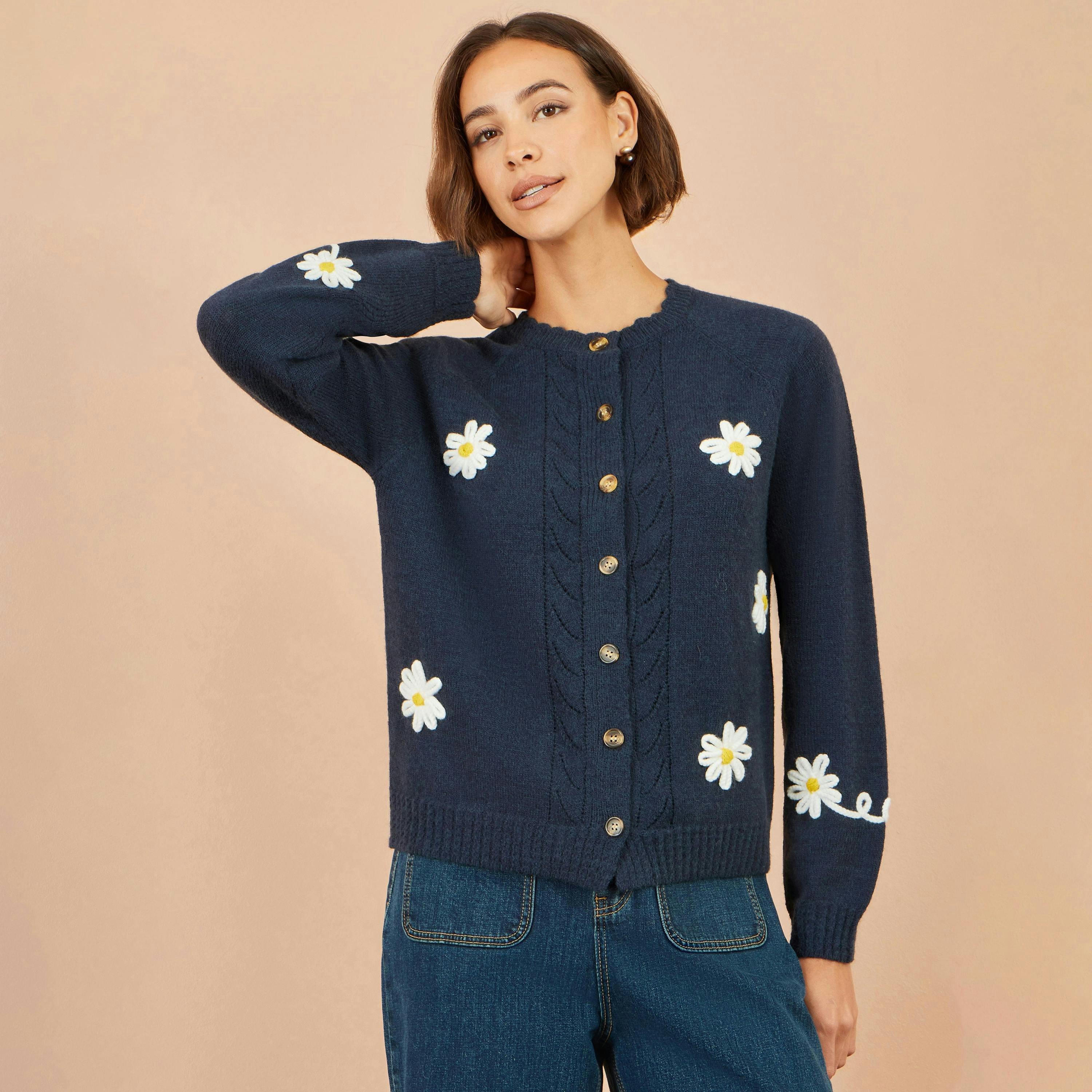 Yumi Navy Daisy Stitch Cardigan , view 2 of 5