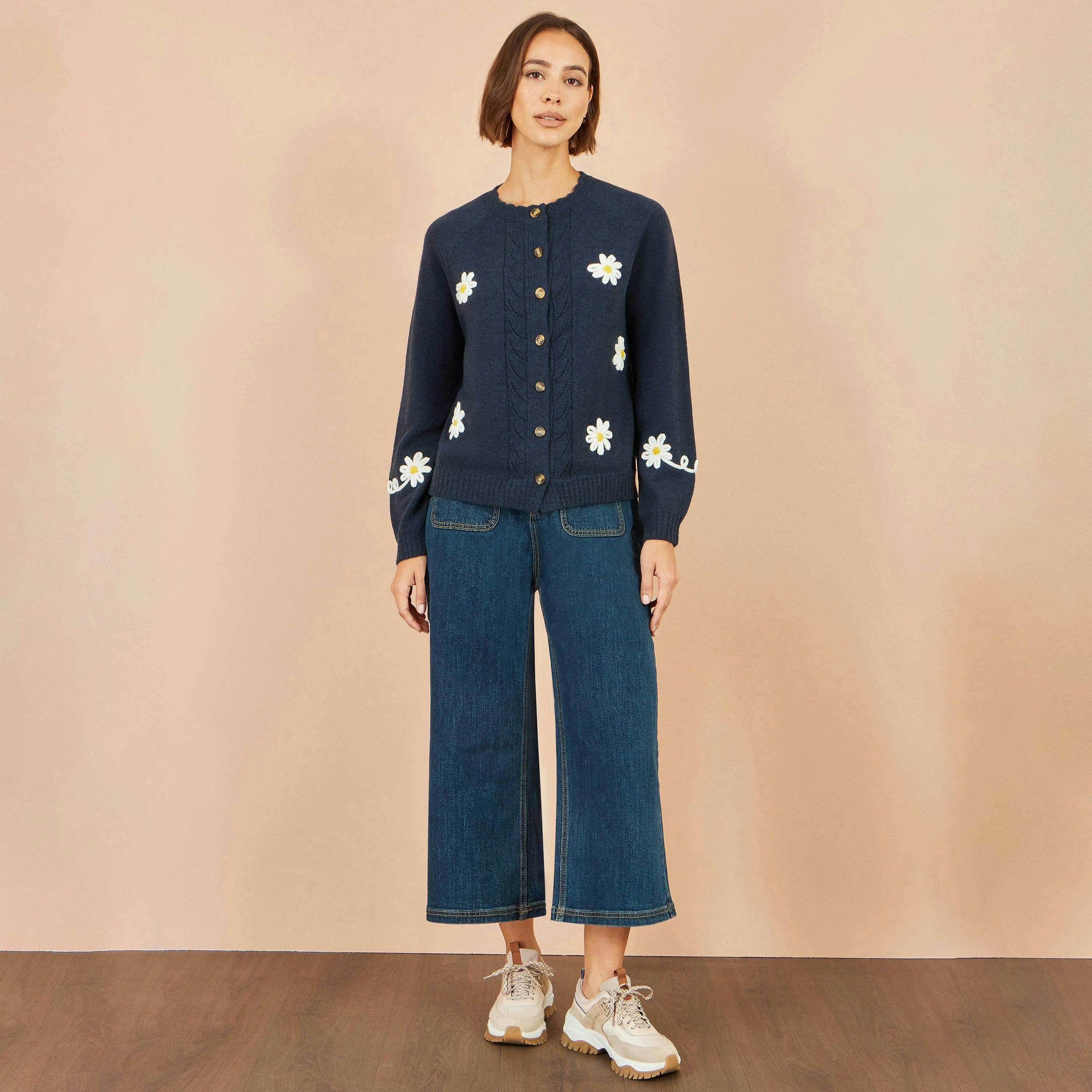 Yumi Navy Daisy Stitch Cardigan , view 3 of 5