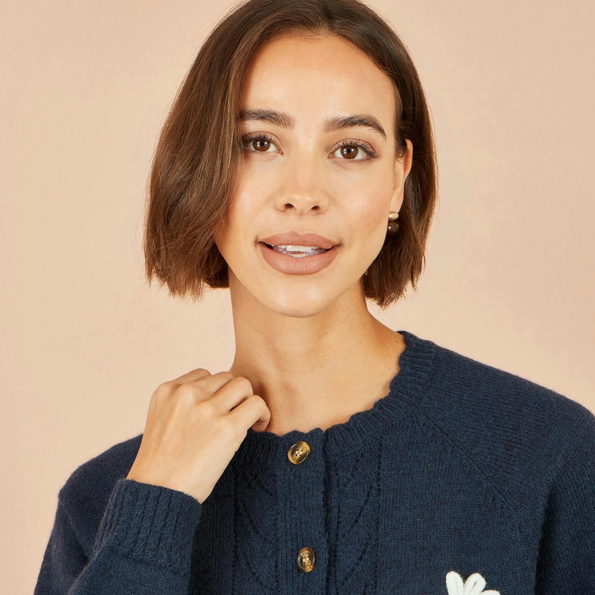 Yumi Navy Daisy Stitch Cardigan , view 5 of 5