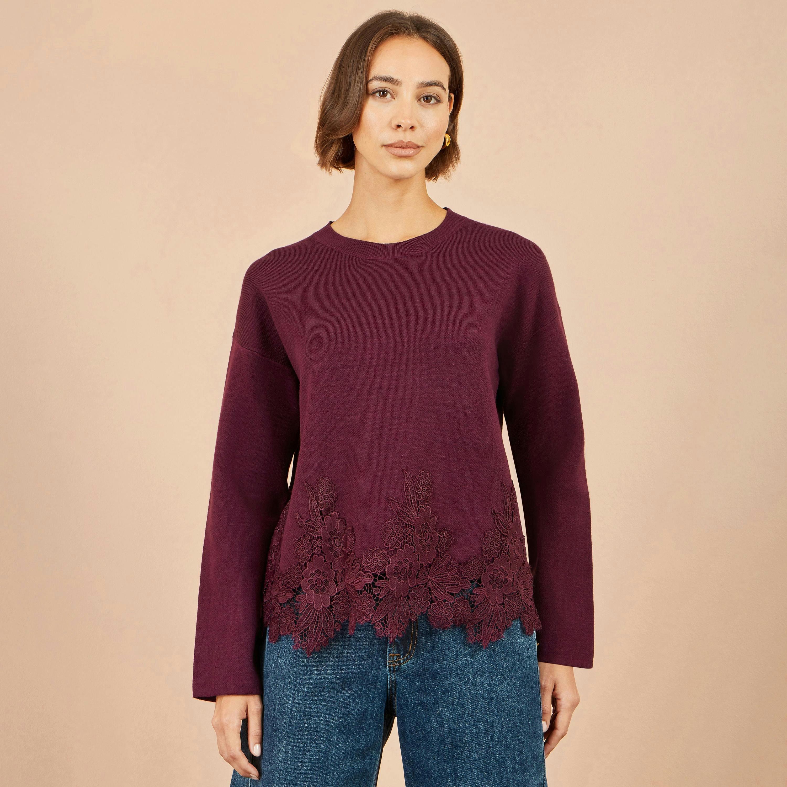 Yumi Burgundy Viscose Relaxed Jumper With Lace Trim , view 2 of 5
