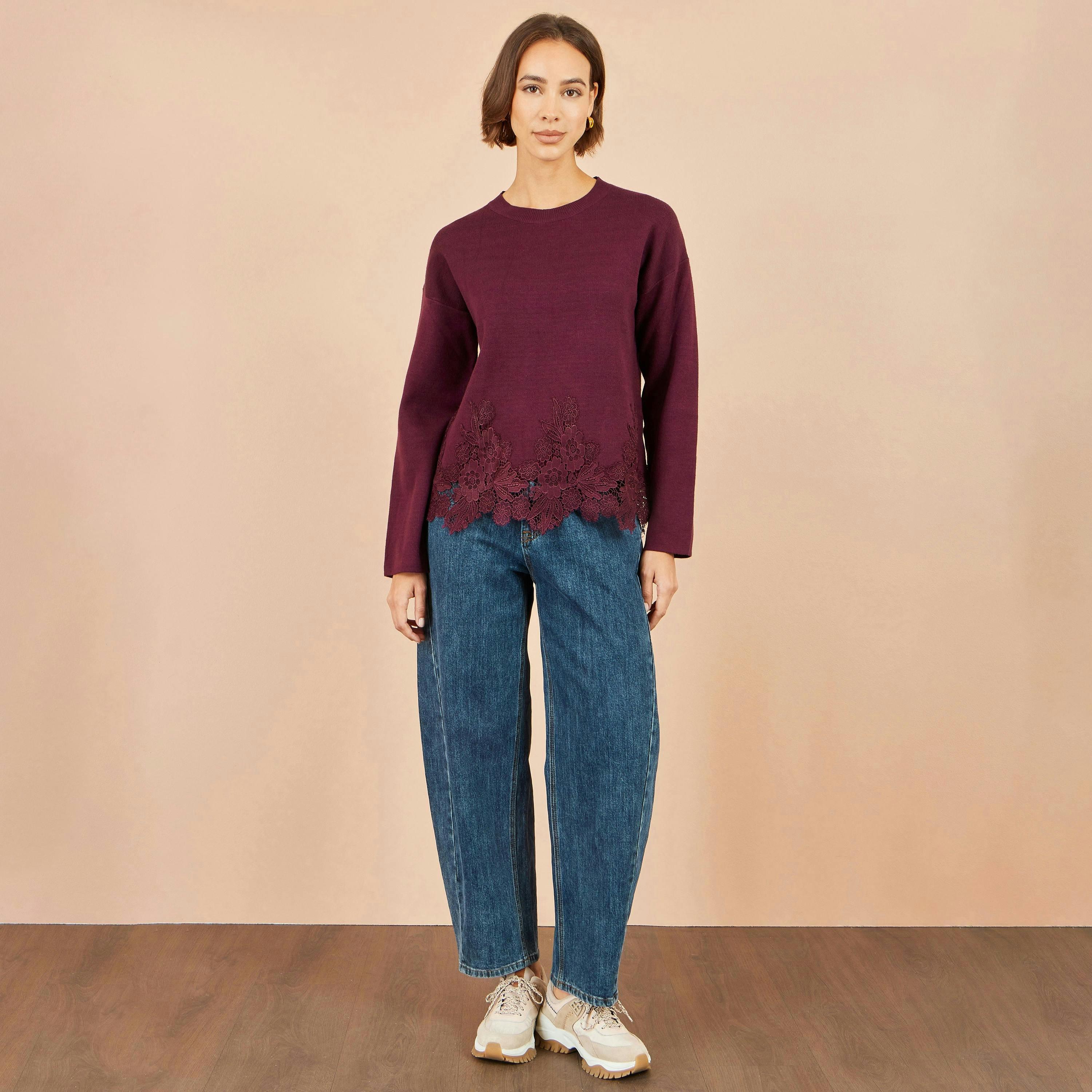 Yumi Burgundy Viscose Relaxed Jumper With Lace Trim , view 3 of 5