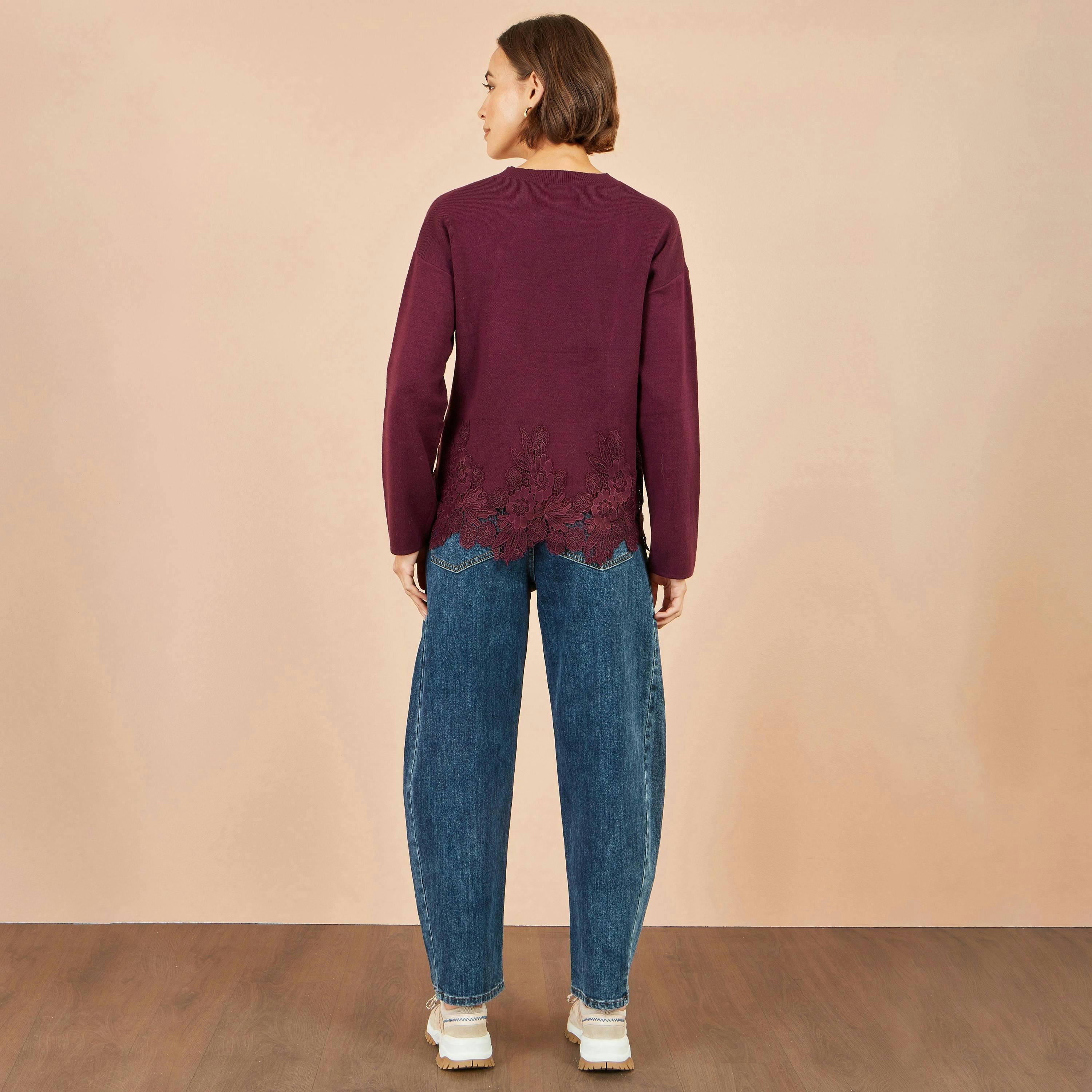Yumi Burgundy Viscose Relaxed Jumper With Lace Trim , view 4 of 5