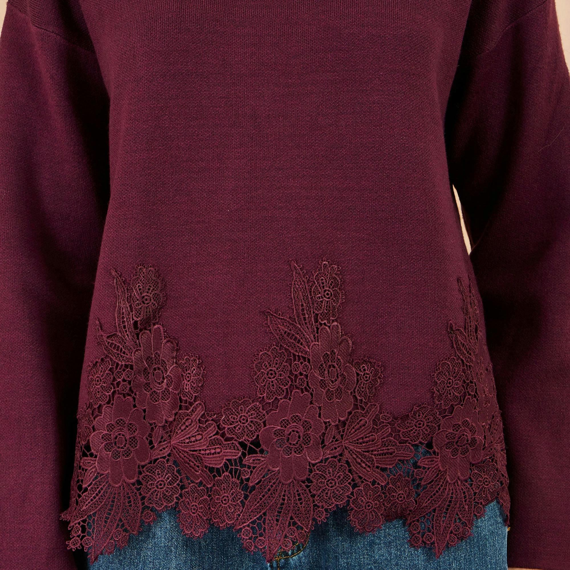 Yumi Burgundy Viscose Relaxed Jumper With Lace Trim , view 5 of 5