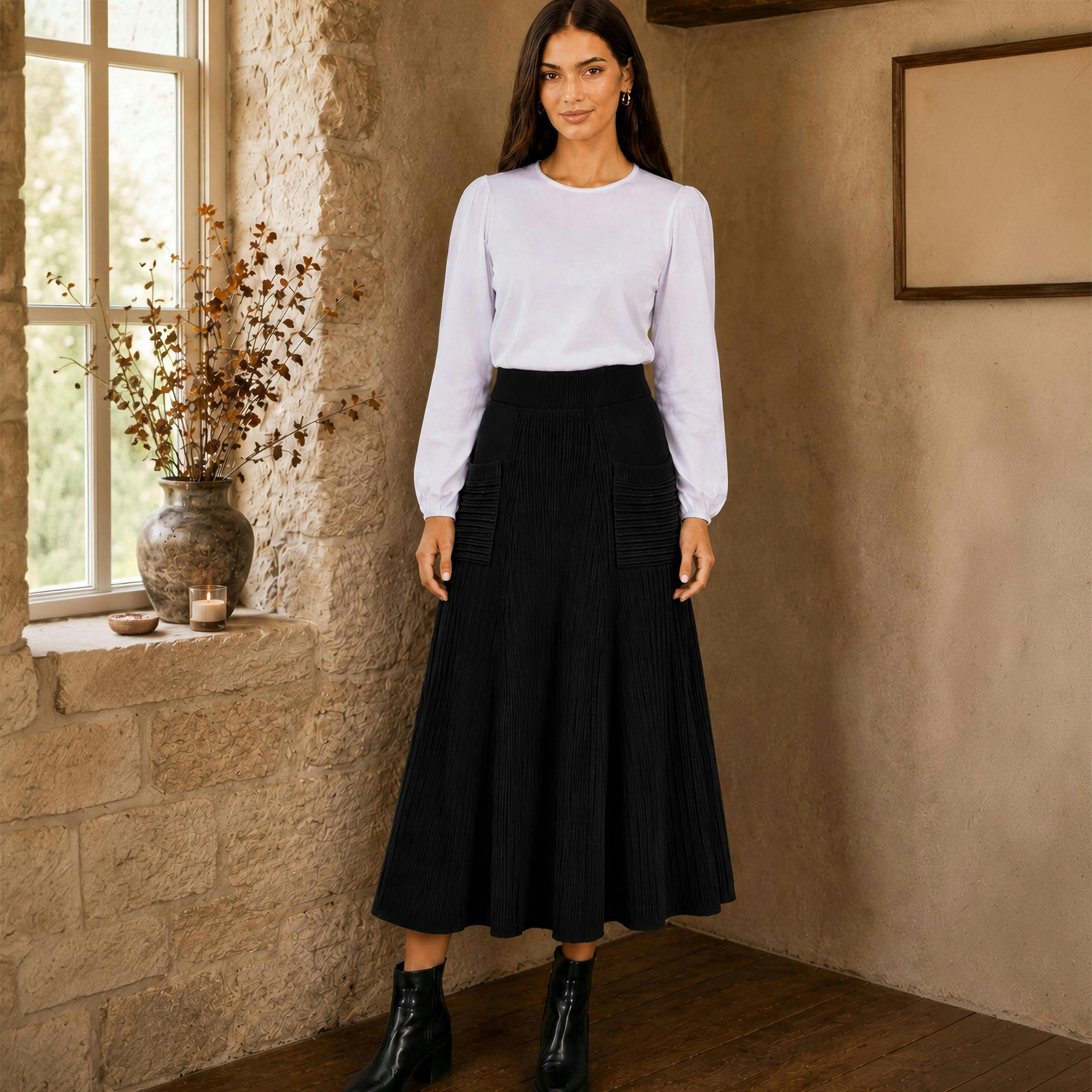 Yumi Black Knitted Midi Skirt With Pockets , view 2 of 4