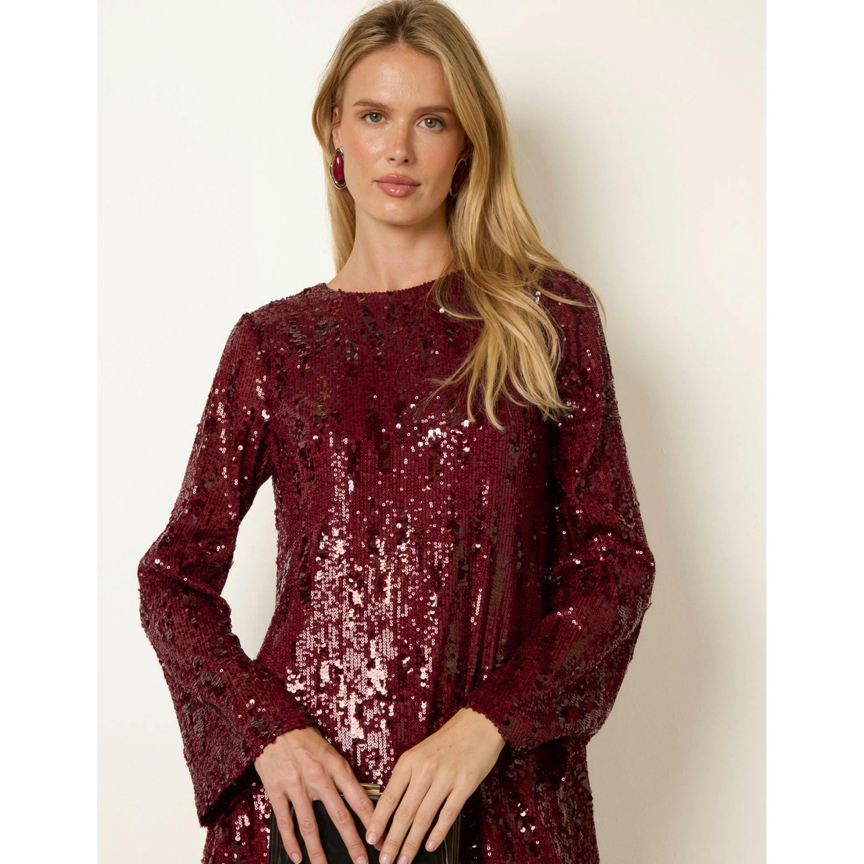 Blue Vanilla Sequin Swing Flare Sleeve Mini Dress  in Wine , view 4 of 4