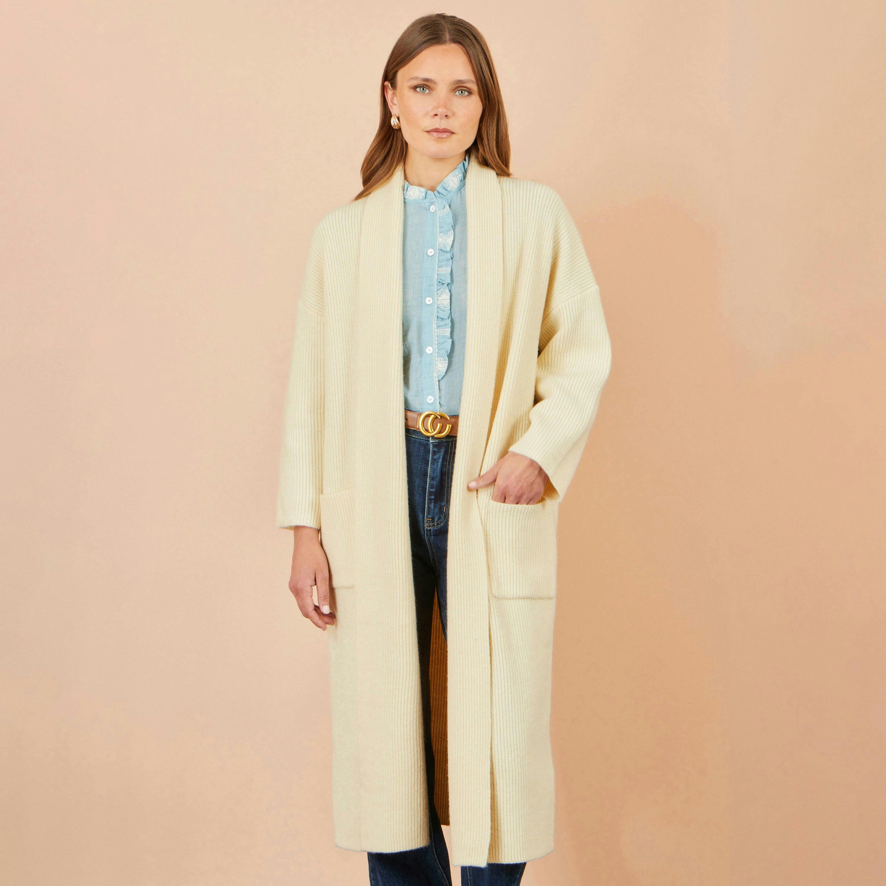 Yumi Ivory Knitted Maxi Cardigan With Pockets , view 2 of 4