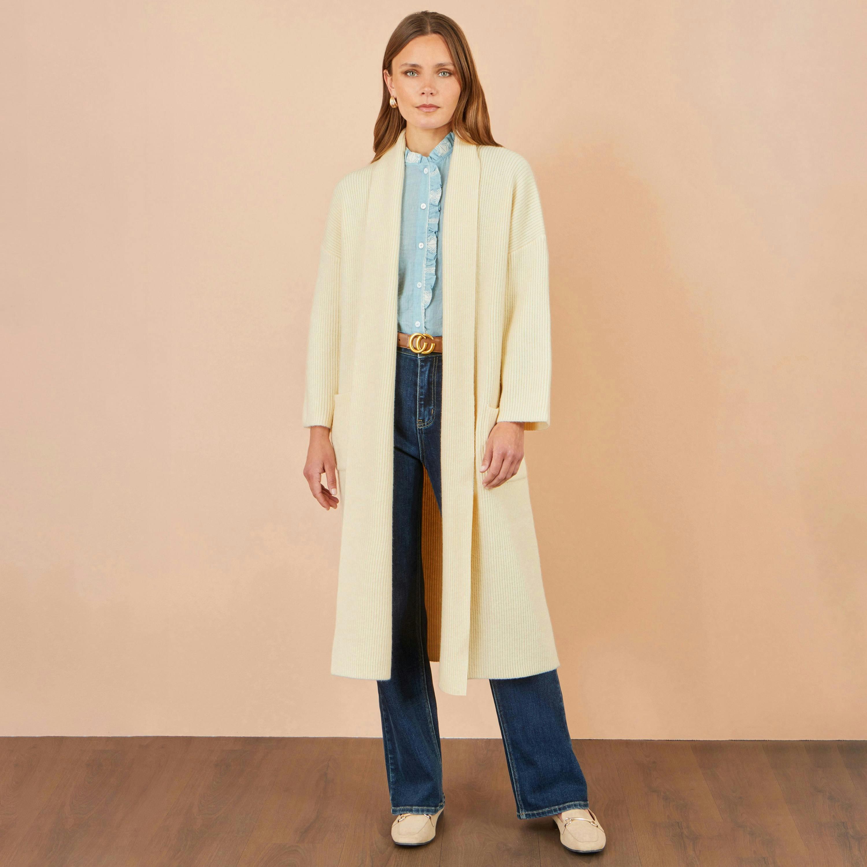 Yumi Ivory Knitted Maxi Cardigan With Pockets , view 3 of 4