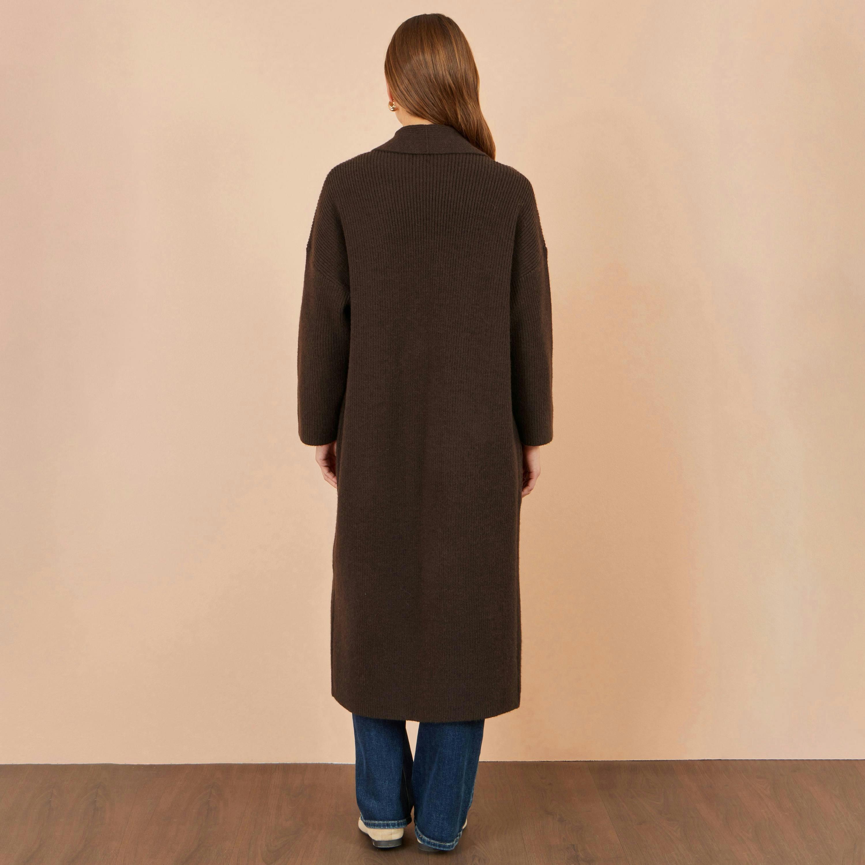 Yumi Brown Knitted Maxi Cardigan With Pockets , view 3 of 4