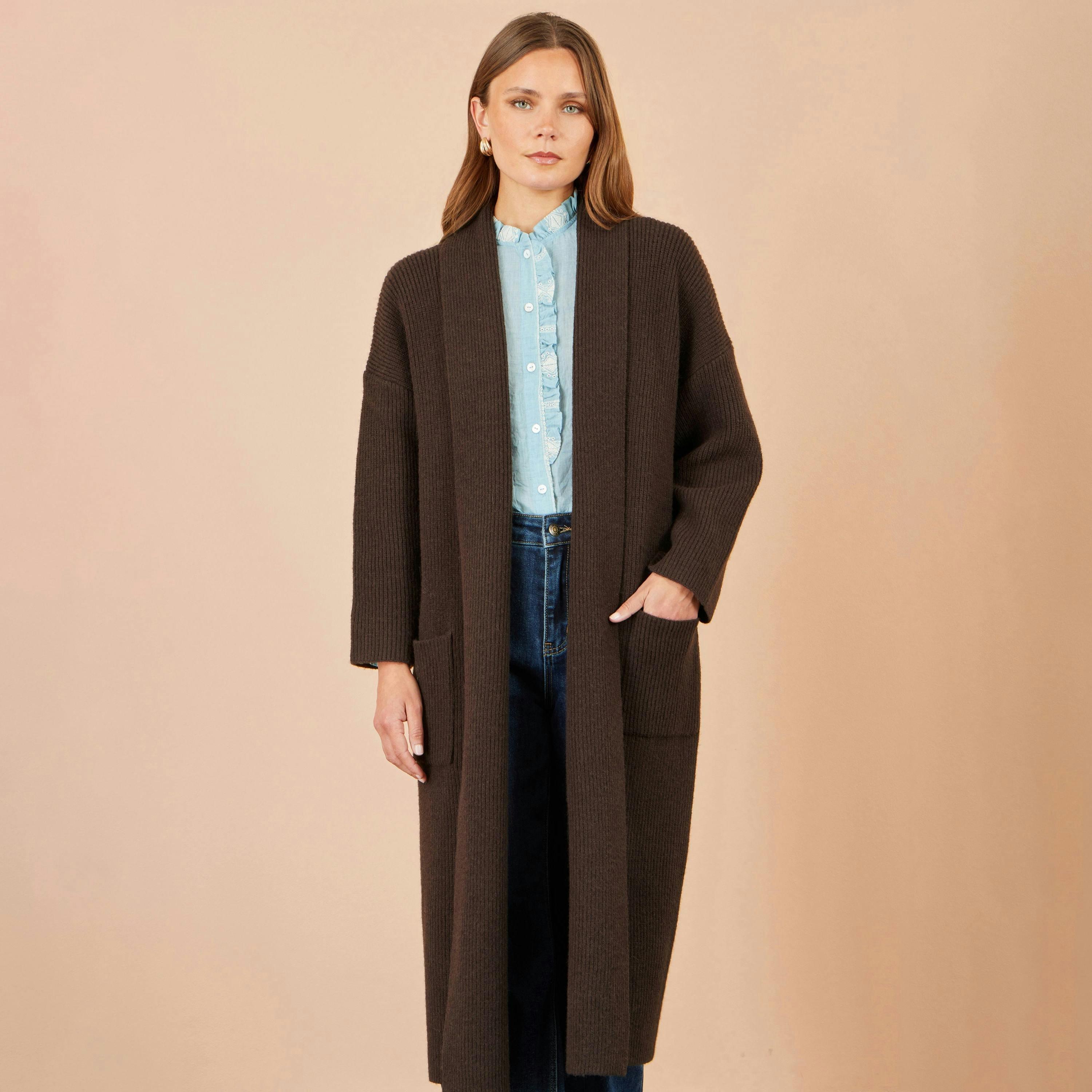 Yumi Brown Knitted Maxi Cardigan With Pockets , view 4 of 4