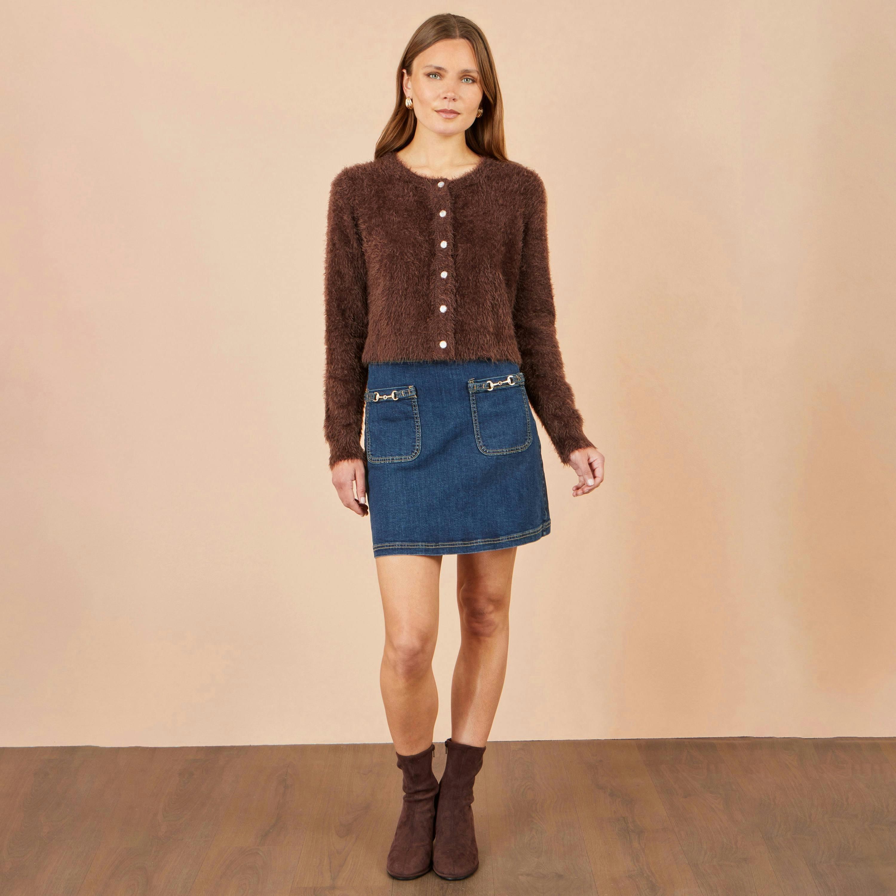 Yumi Brown Eyelash Knit Cropped Cardigan , view 2 of 5