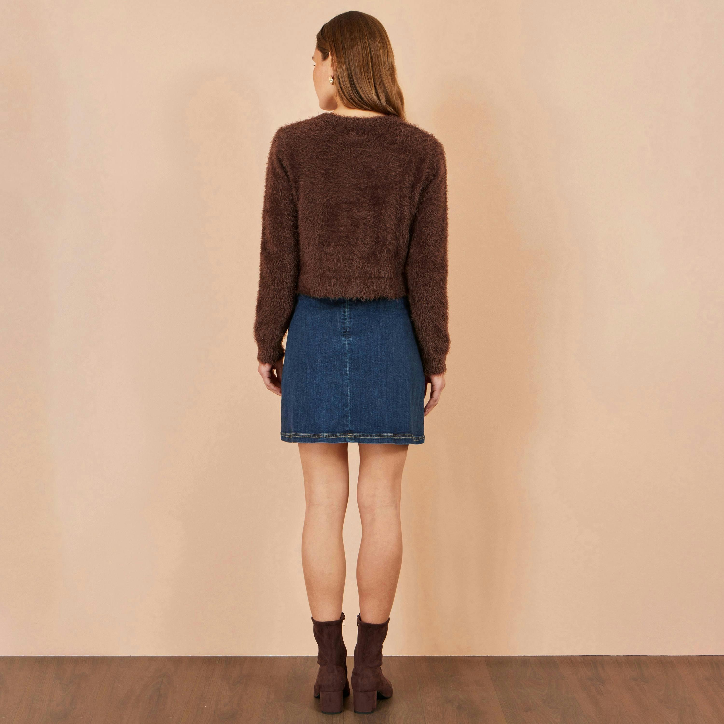 Yumi Brown Eyelash Knit Cropped Cardigan , view 3 of 5
