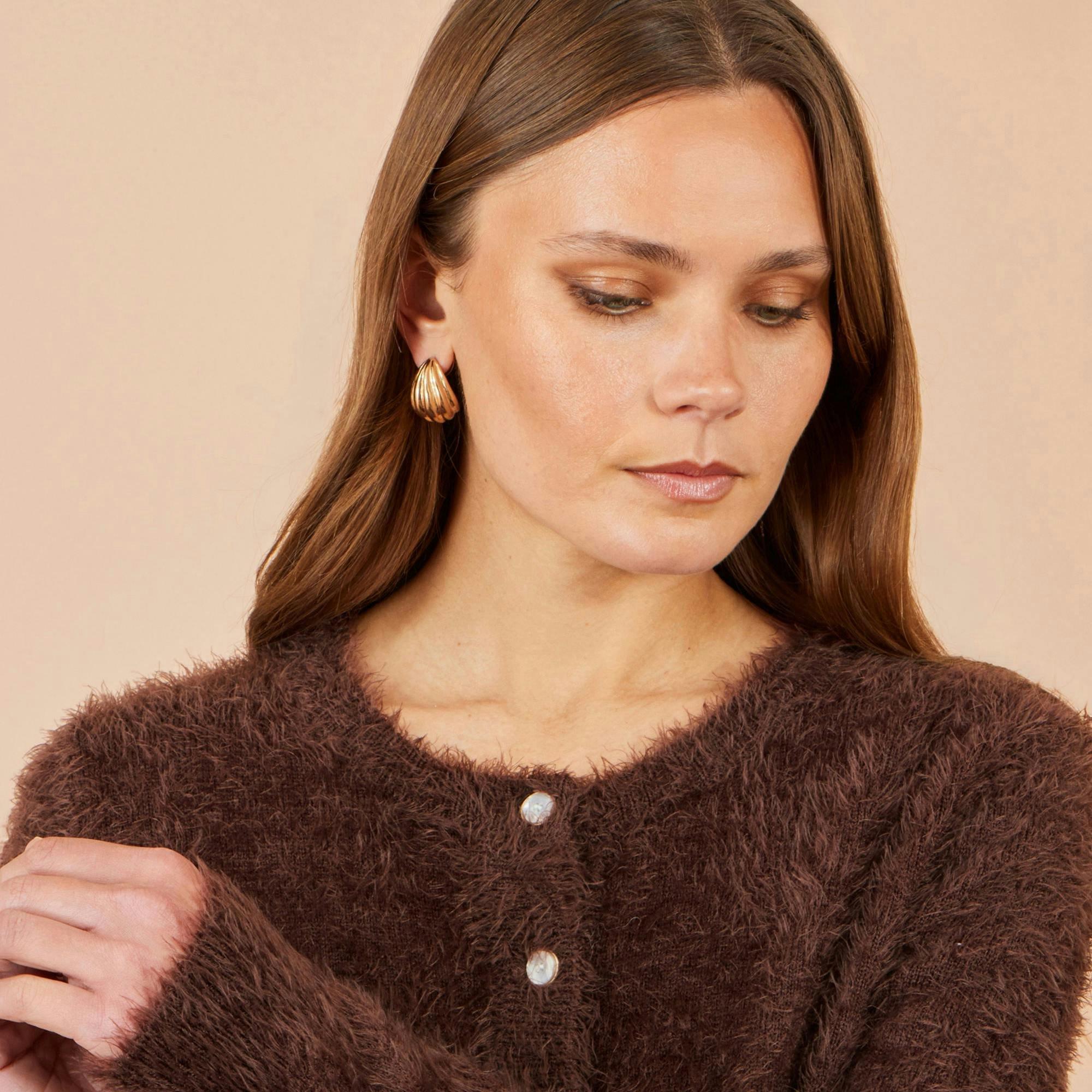 Yumi Brown Eyelash Knit Cropped Cardigan , view 4 of 5
