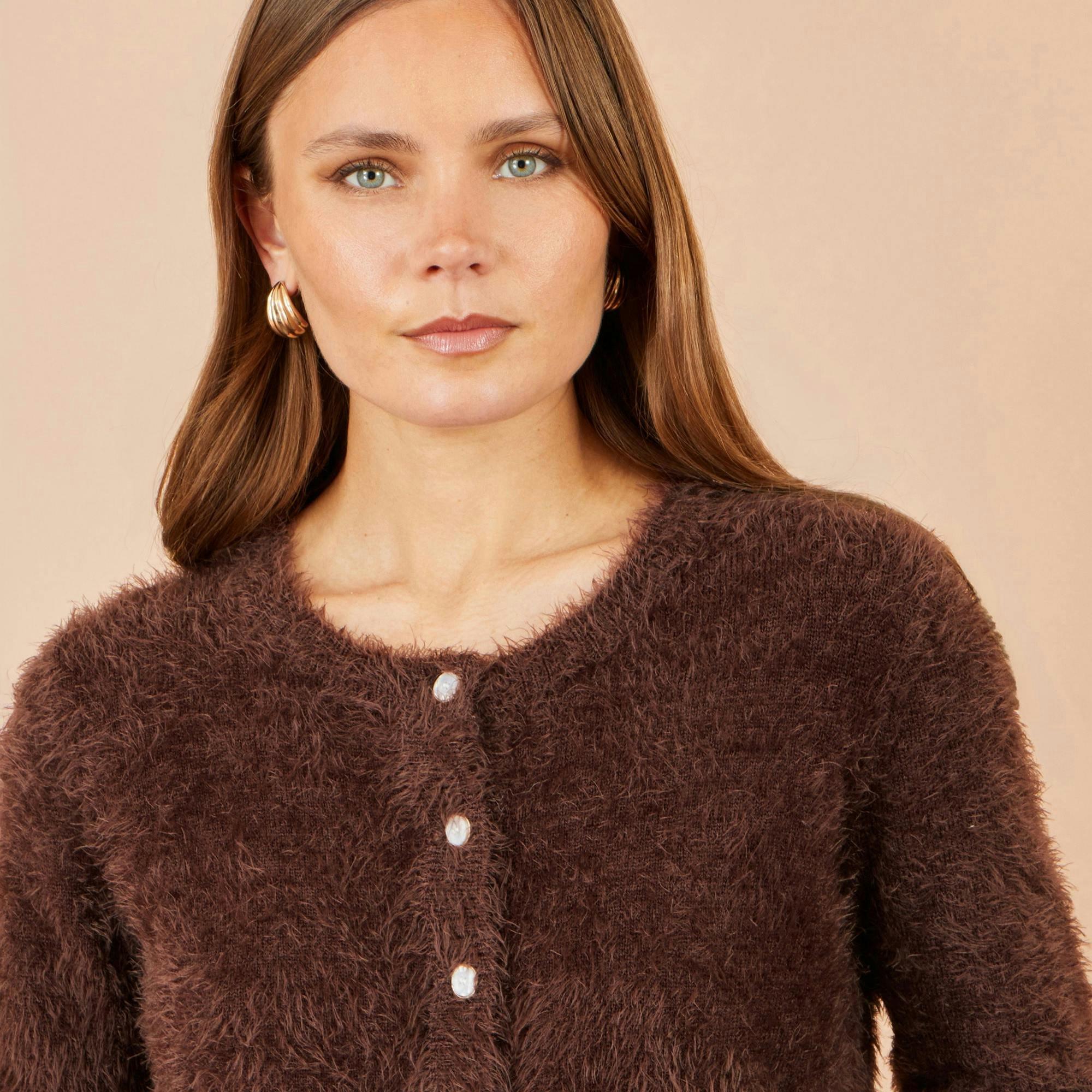 Yumi Brown Eyelash Knit Cropped Cardigan , view 5 of 5
