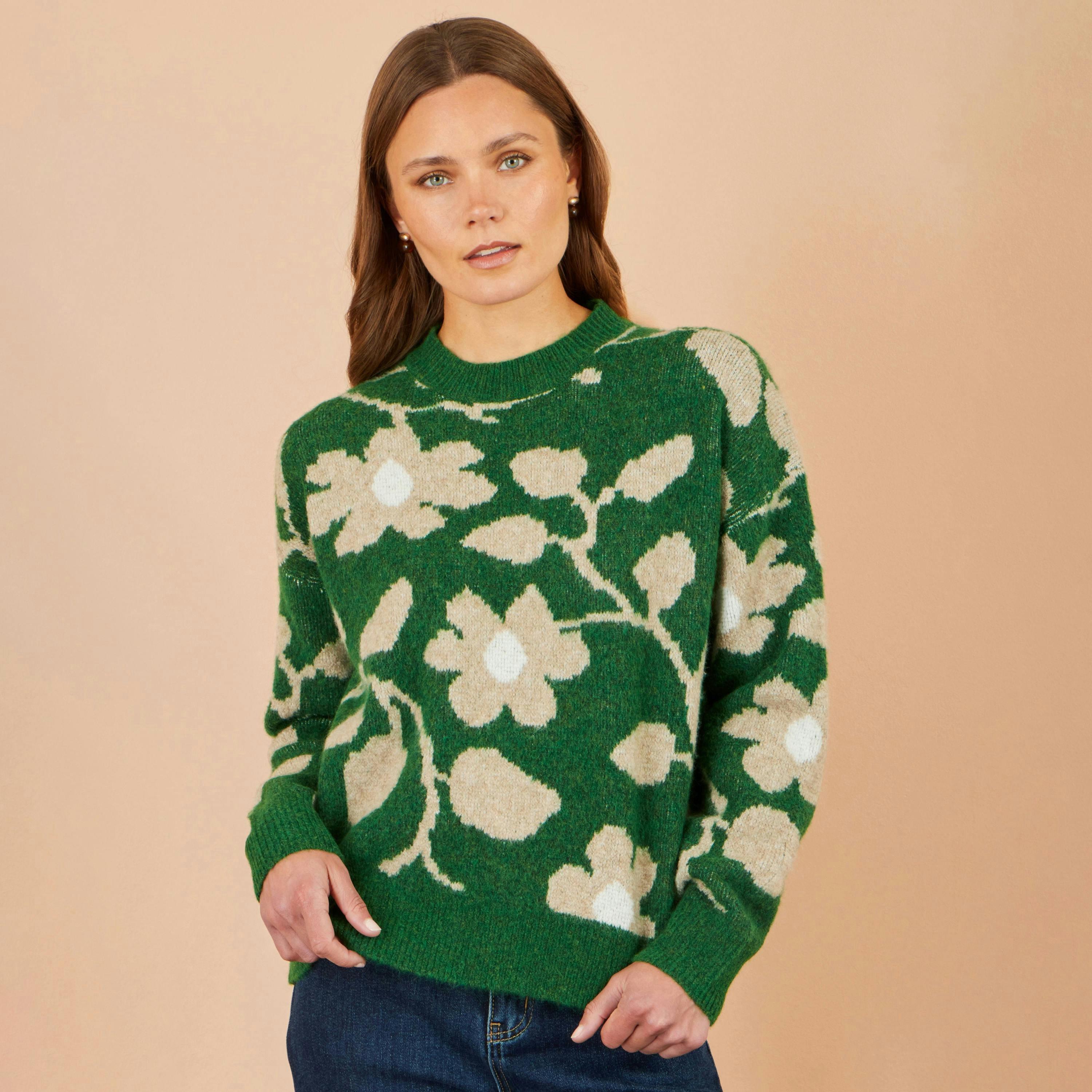 Yumi Green Floral Intarsia Relaxed Fit Jumper , view 2 of 5