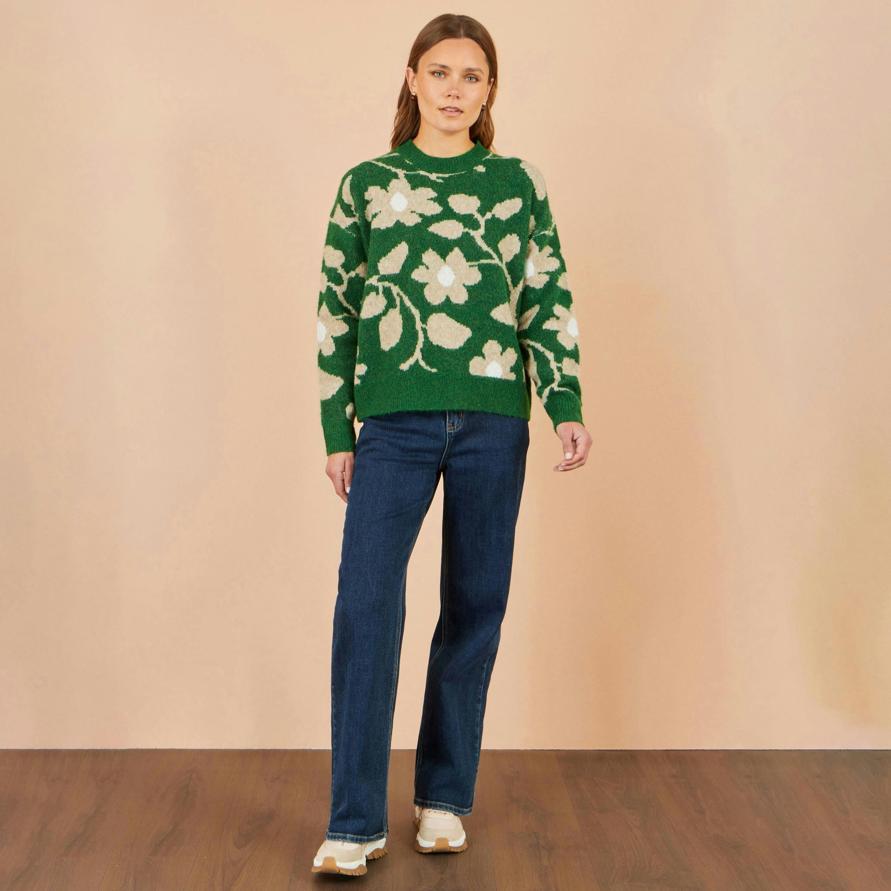Yumi Green Floral Intarsia Relaxed Fit Jumper , view 3 of 5
