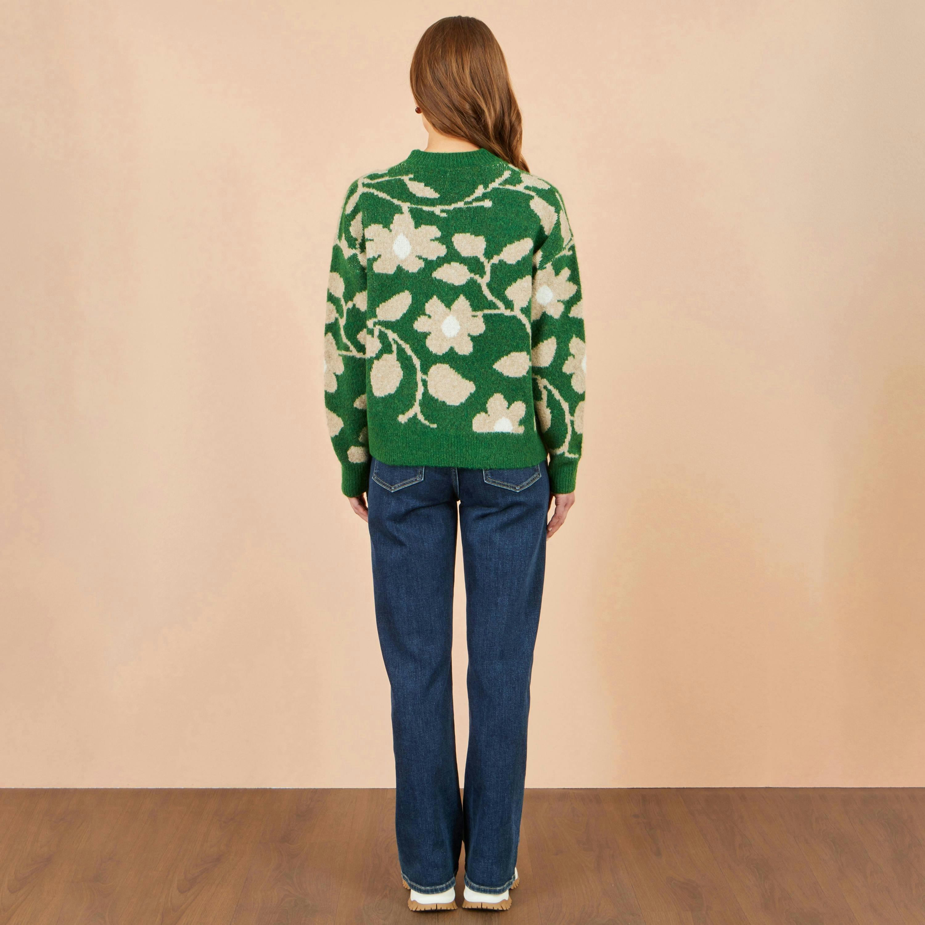 Yumi Green Floral Intarsia Relaxed Fit Jumper , view 4 of 5
