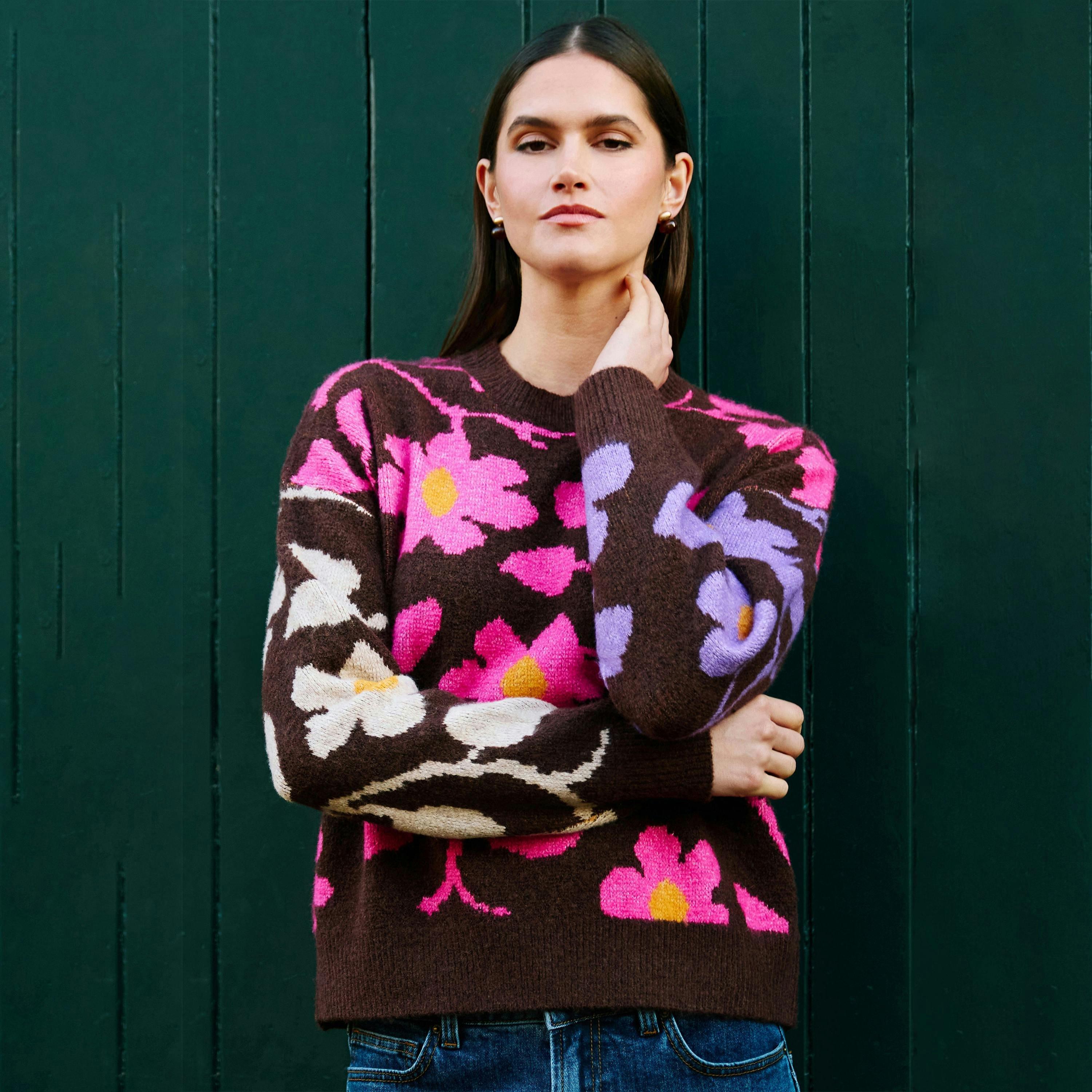 Yumi Multicolour Floral Intarsia Relaxed Fit Jumper , view 2 of 6
