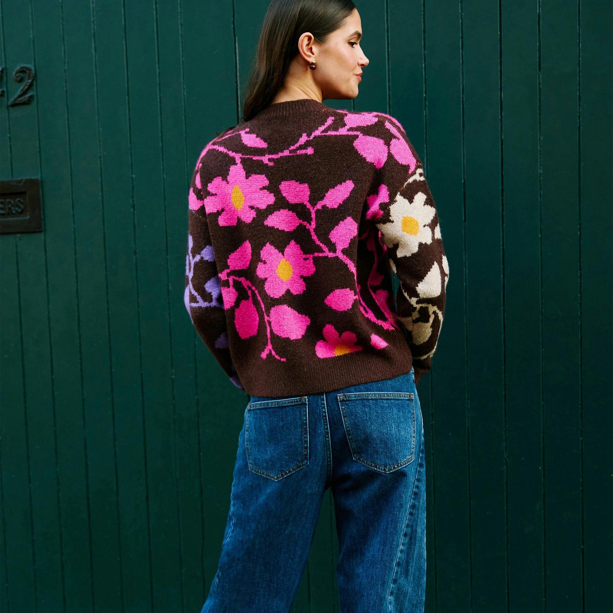 Yumi Multicolour Floral Intarsia Relaxed Fit Jumper , view 3 of 6