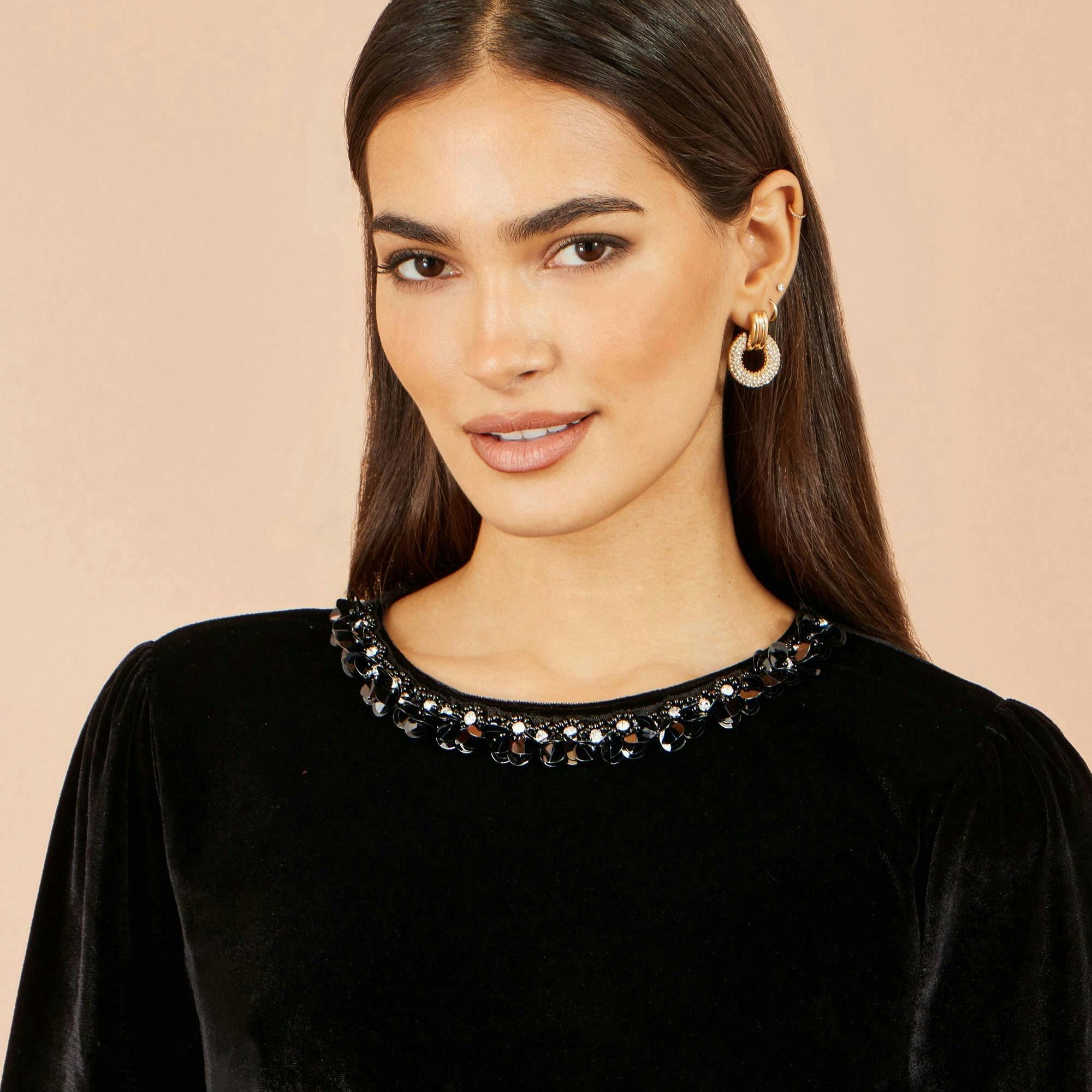 Yumi Black Velvet Embellished Neck Top , view 5 of 5