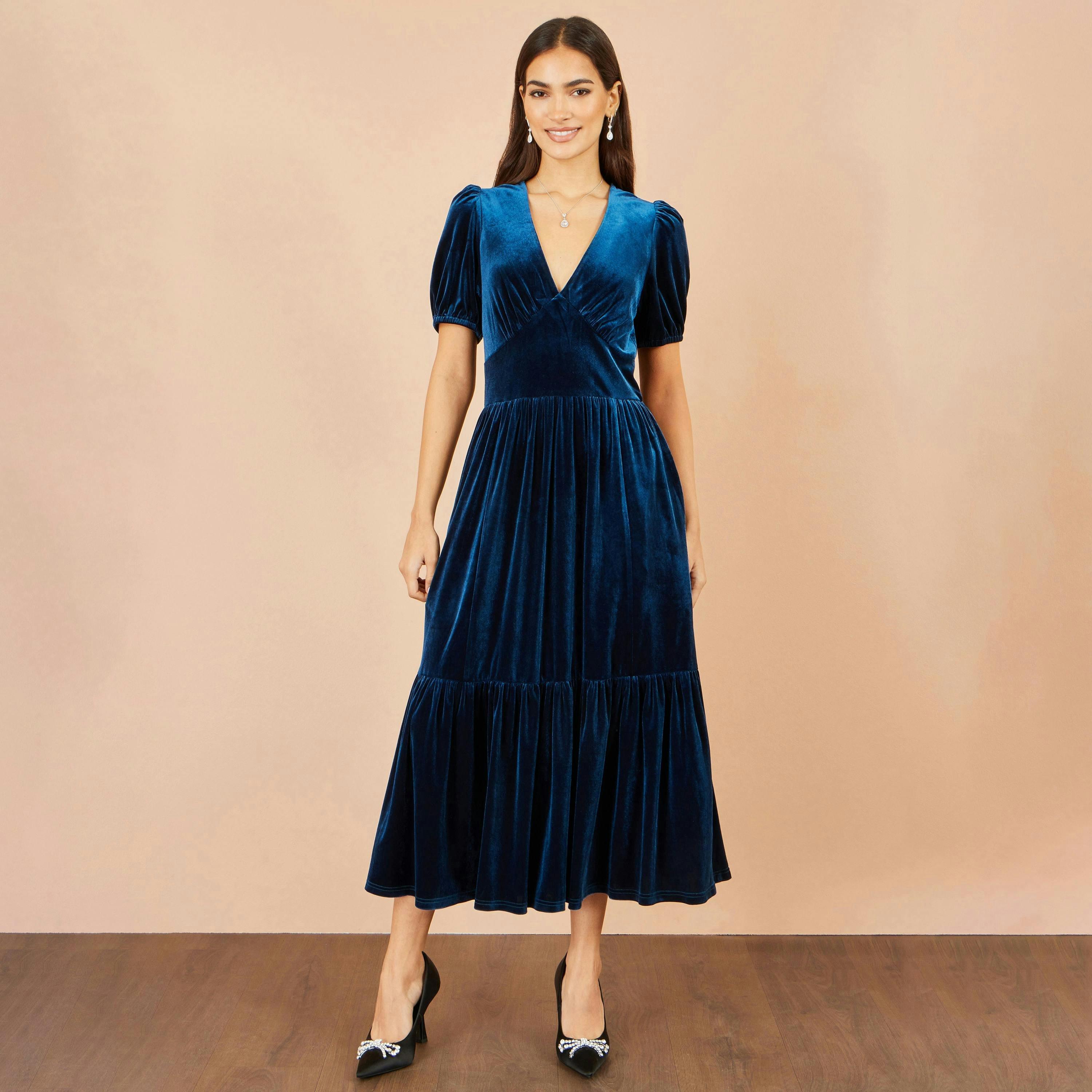 Yumi Teal Velvet Midi Dress , view 2 of 6
