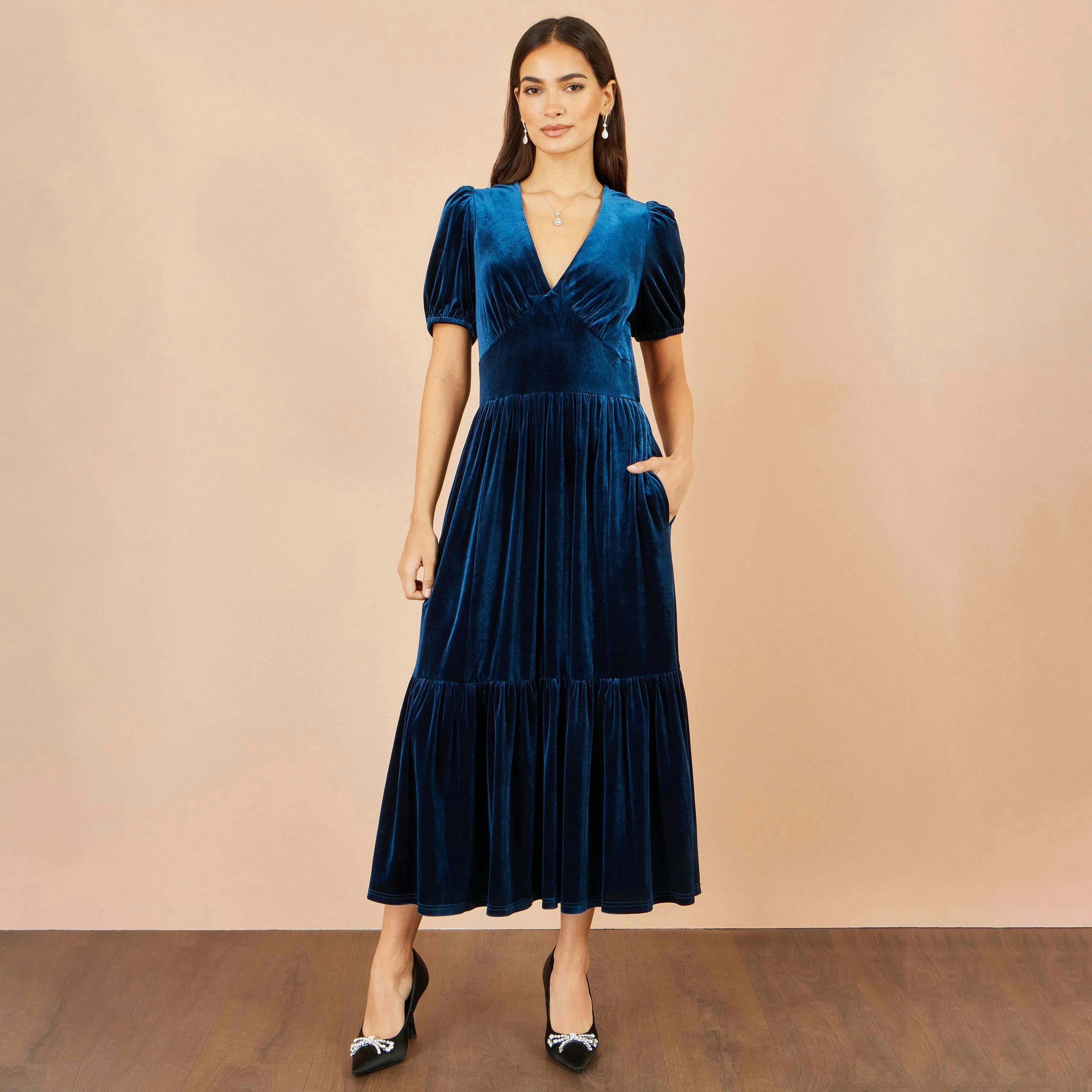 Yumi Teal Velvet Midi Dress , view 3 of 6