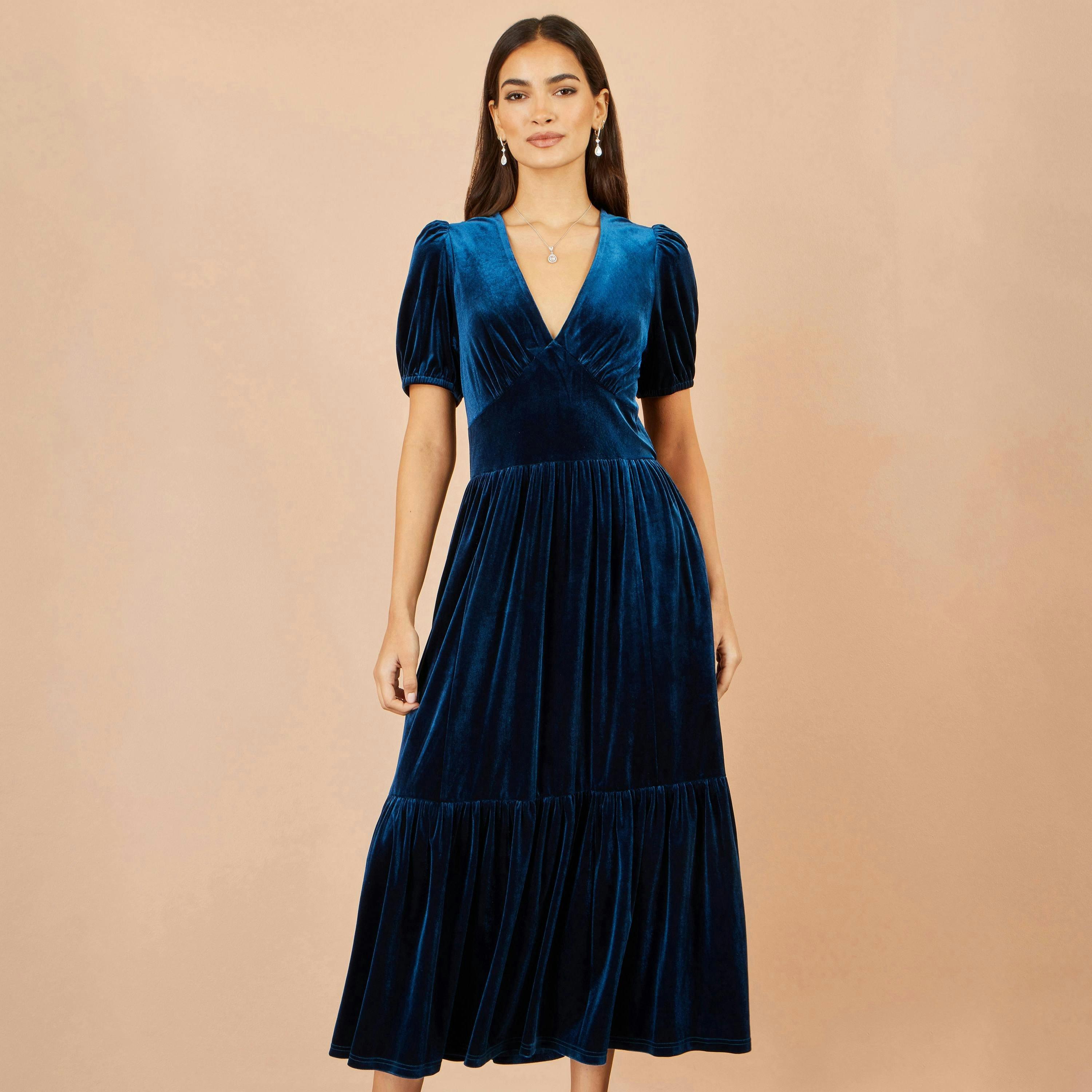 Yumi Teal Velvet Midi Dress , view 4 of 6
