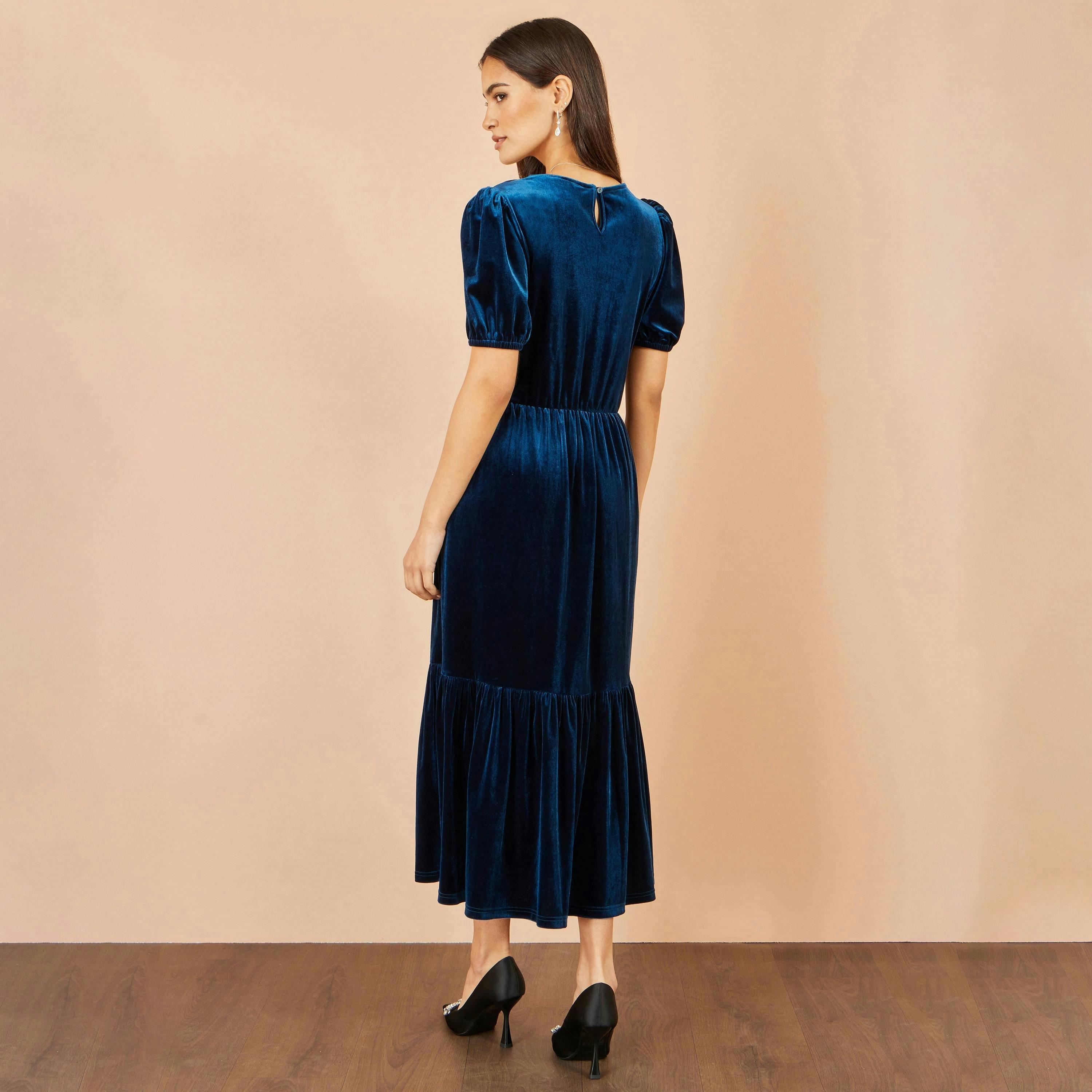 Yumi Teal Velvet Midi Dress , view 6 of 6