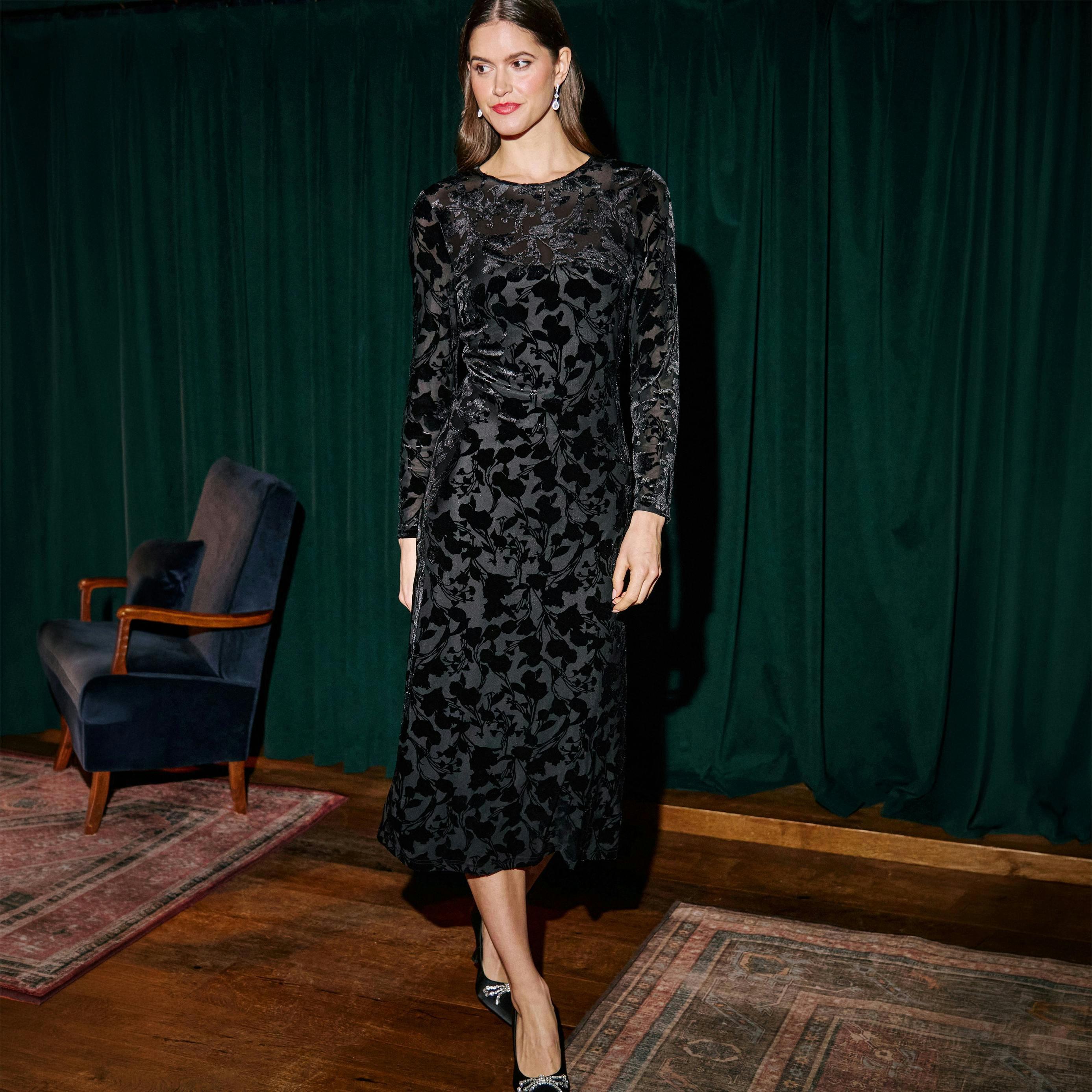 Yumi Black Burnout Velvet Midi Dress , view 2 of 6