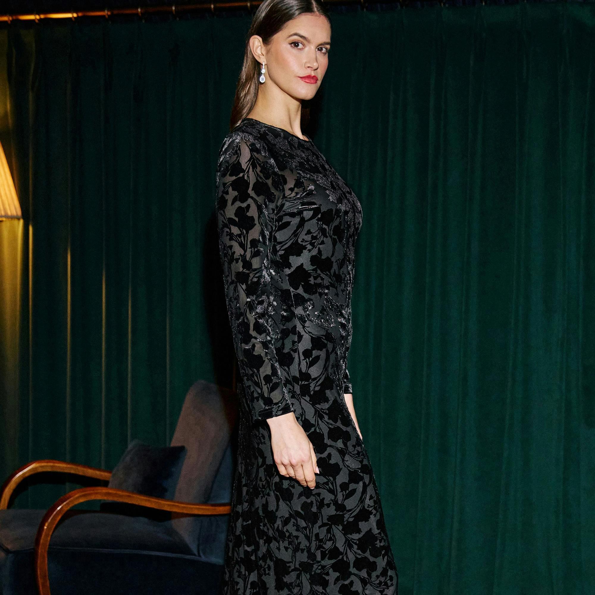 Yumi Black Burnout Velvet Midi Dress , view 4 of 6