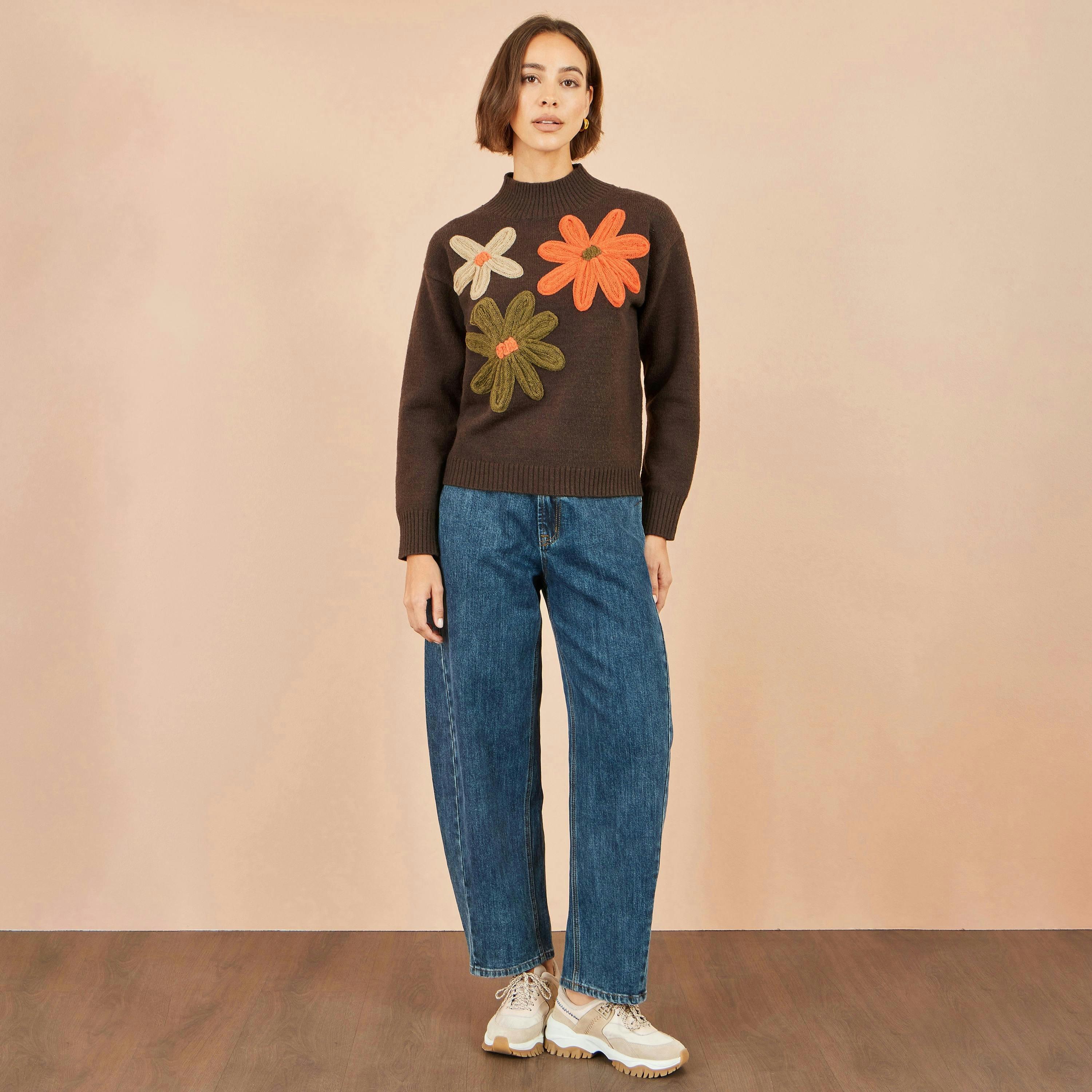 Yumi Brown Knitted High Neck Jumper With Applique Flowers , view 2 of 4