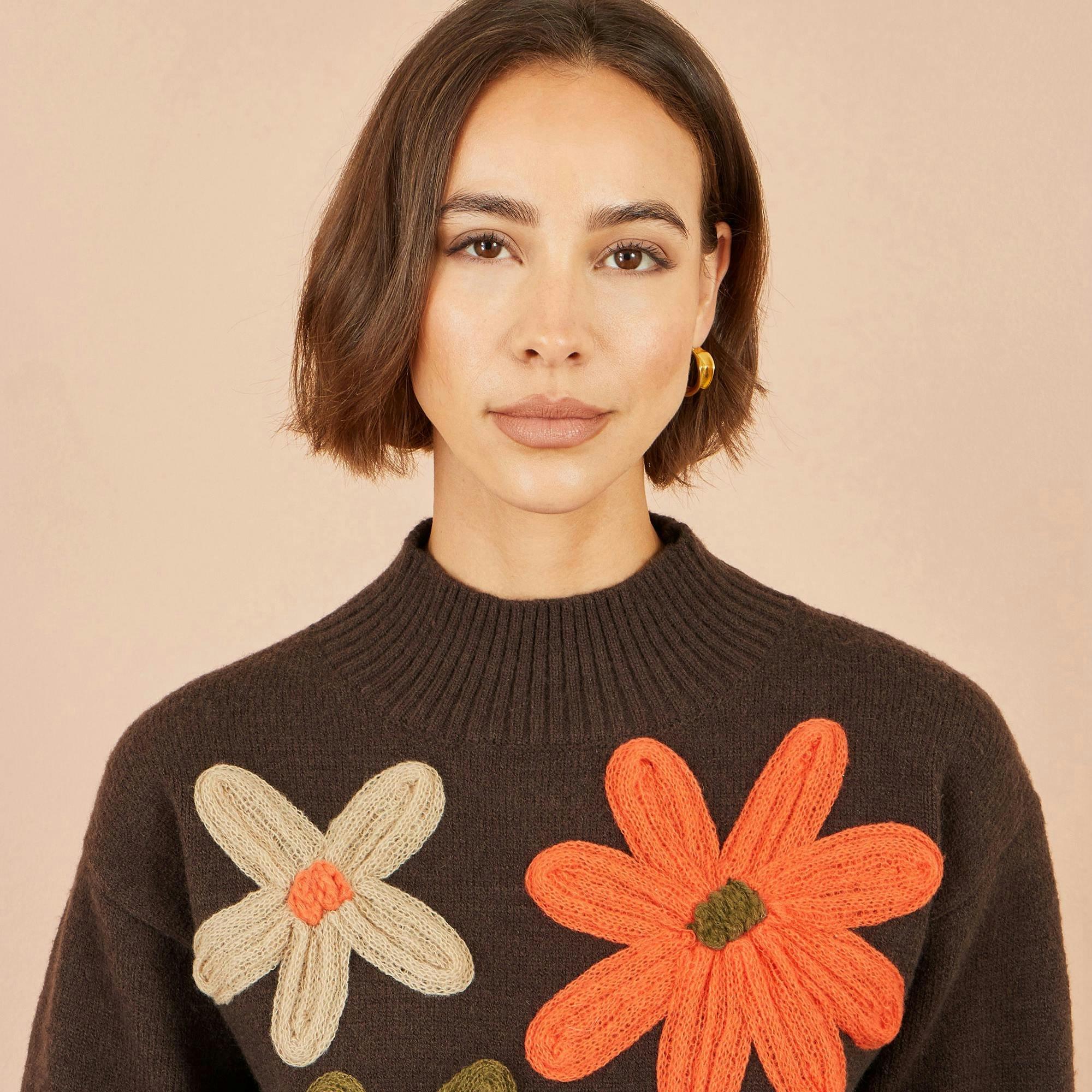 Yumi Brown Knitted High Neck Jumper With Applique Flowers , view 3 of 4