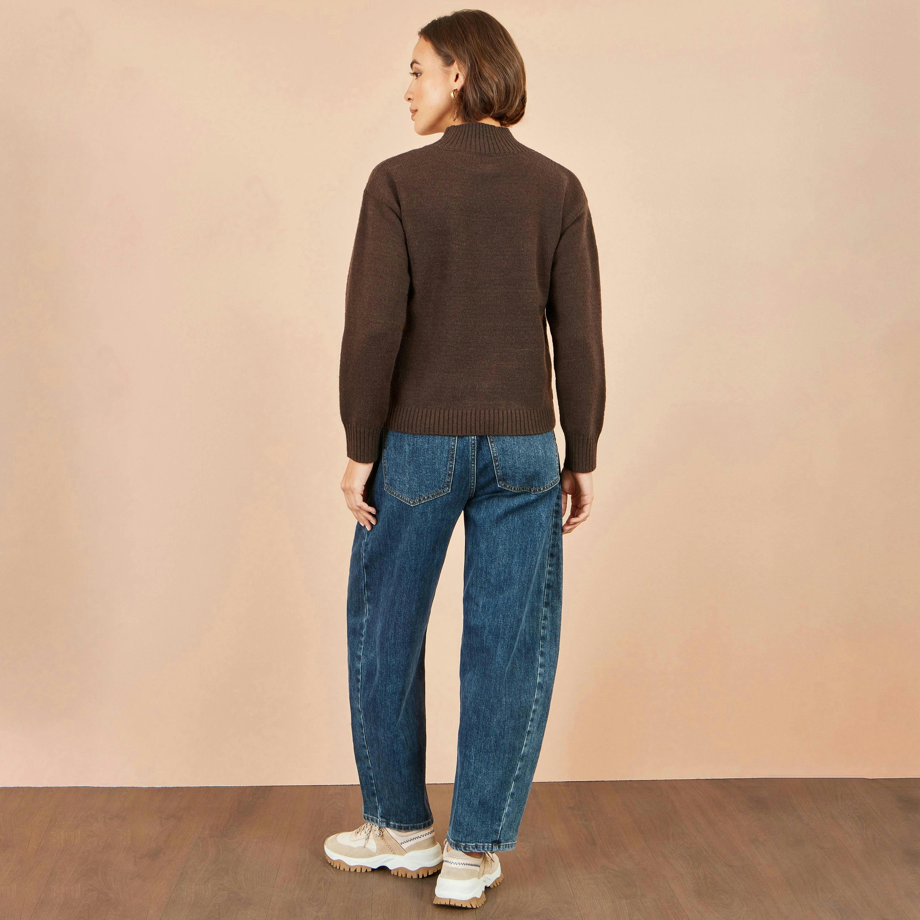 Yumi Brown Knitted High Neck Jumper With Applique Flowers , view 4 of 4