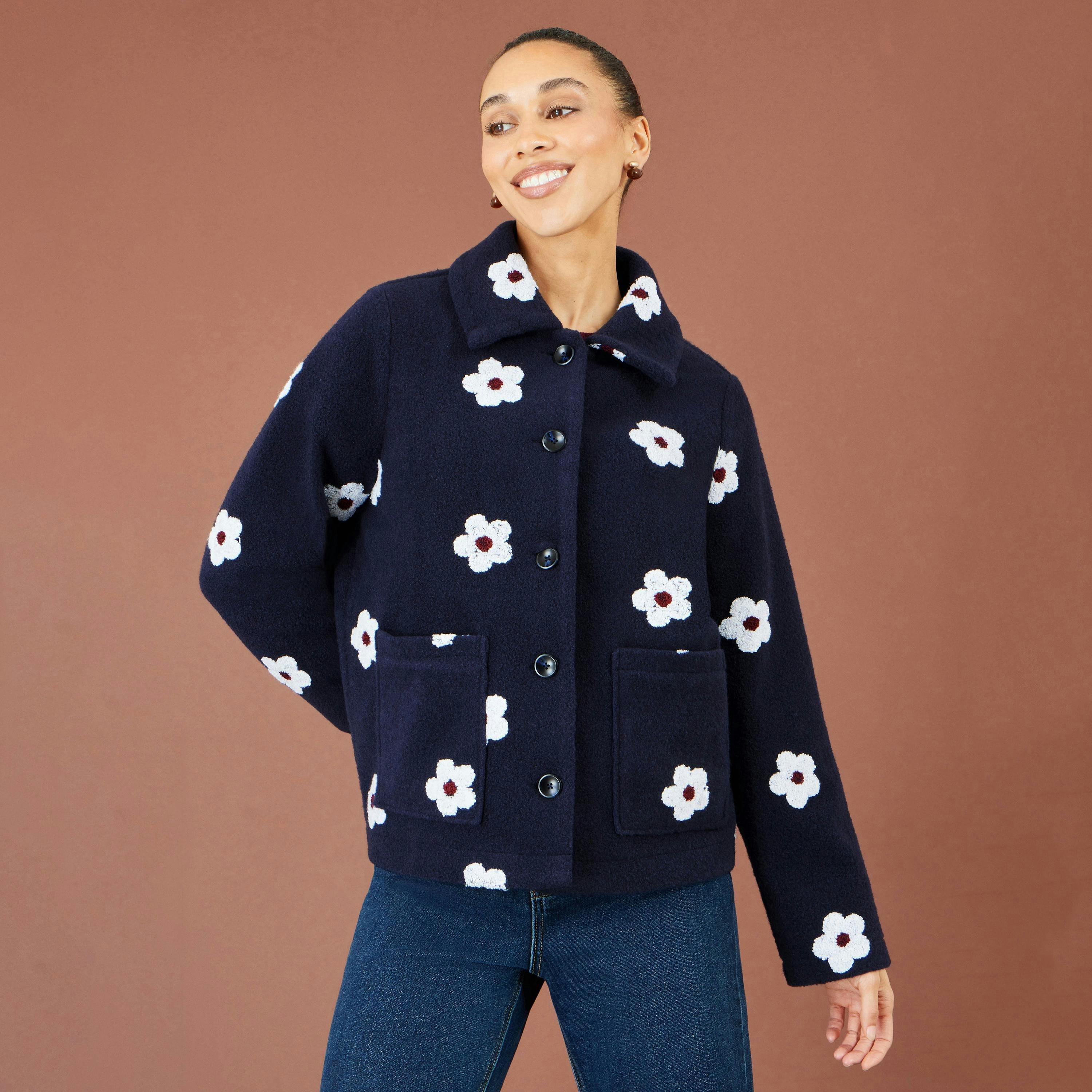 Yumi Navy Embroidered Daisy Fleece Jacket , view 2 of 5
