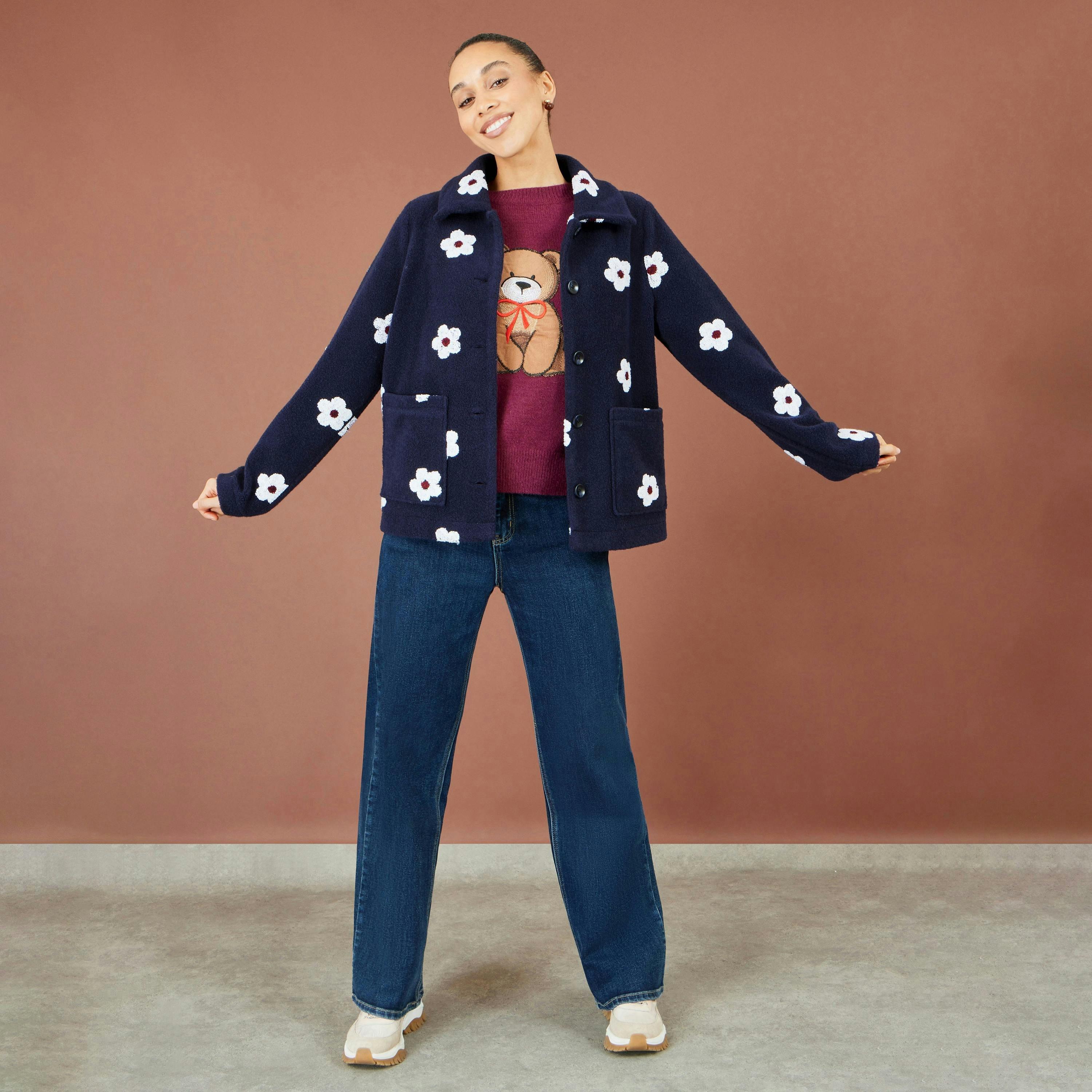 Yumi Navy Embroidered Daisy Fleece Jacket , view 3 of 5