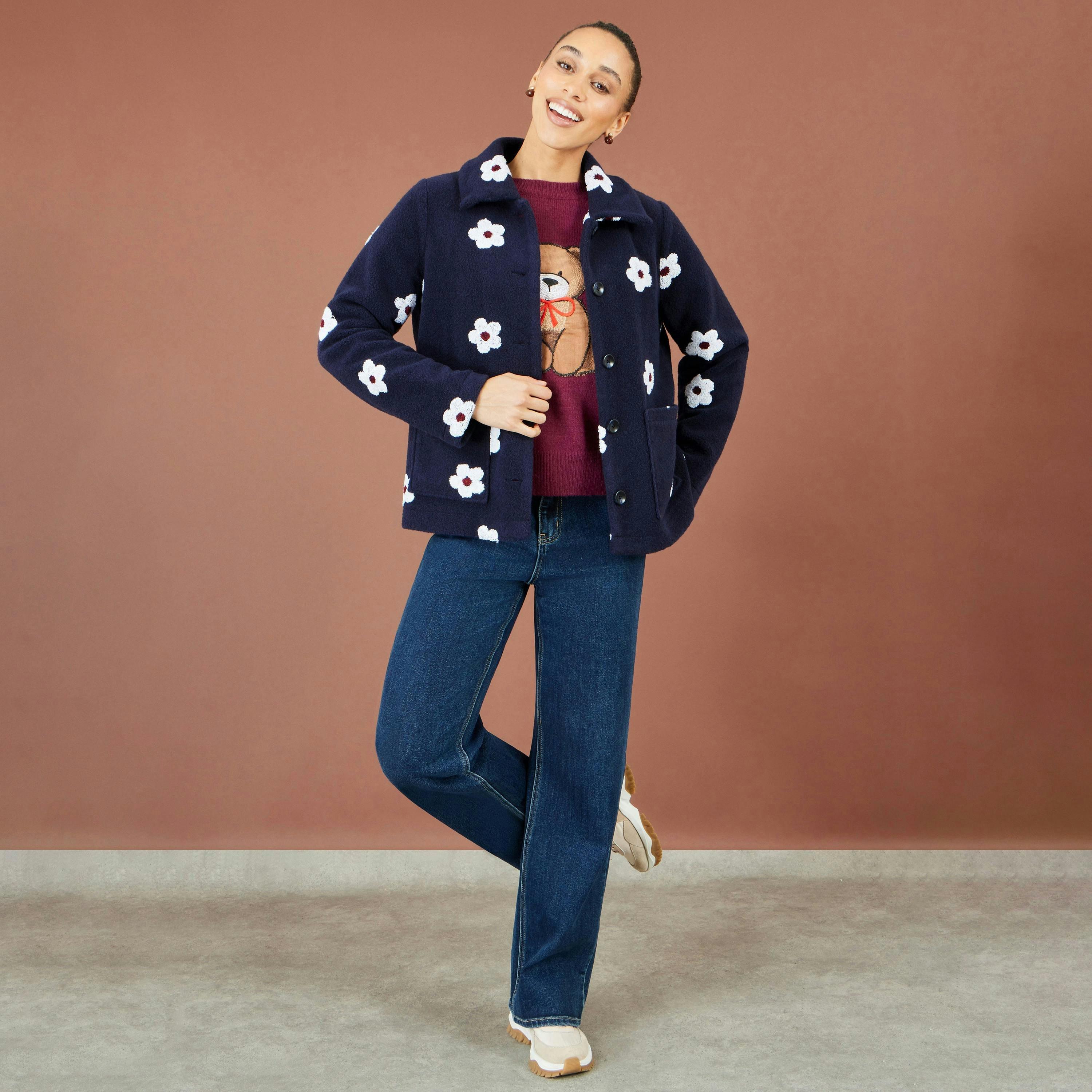 Yumi Navy Embroidered Daisy Fleece Jacket , view 4 of 5