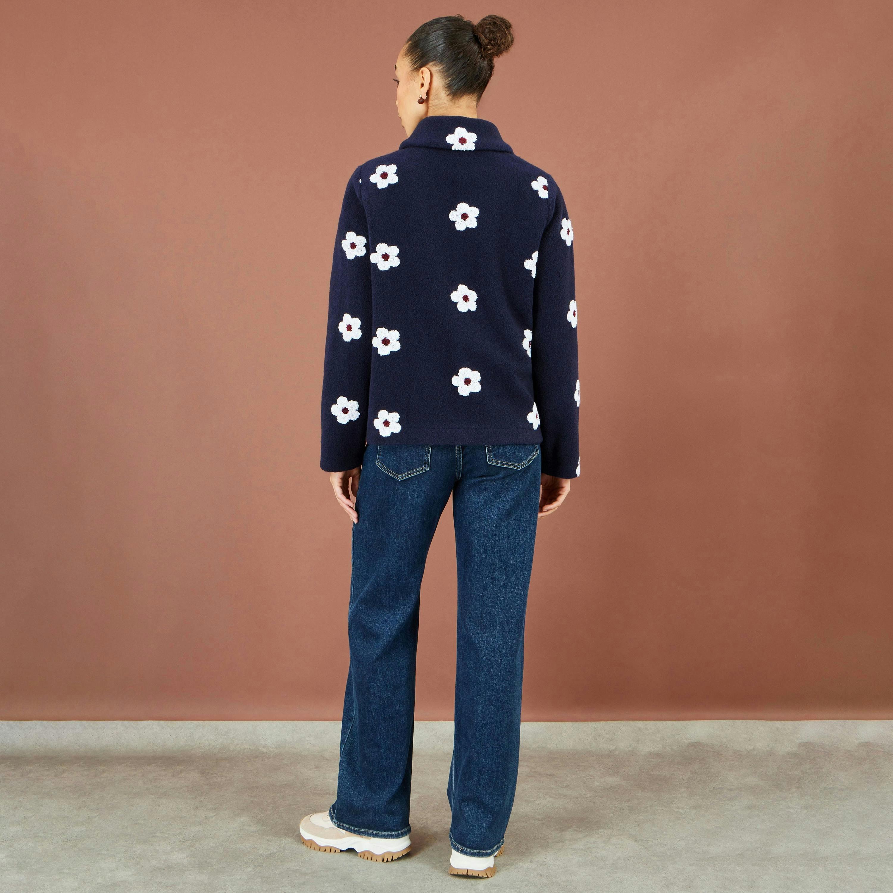 Yumi Navy Embroidered Daisy Fleece Jacket , view 5 of 5