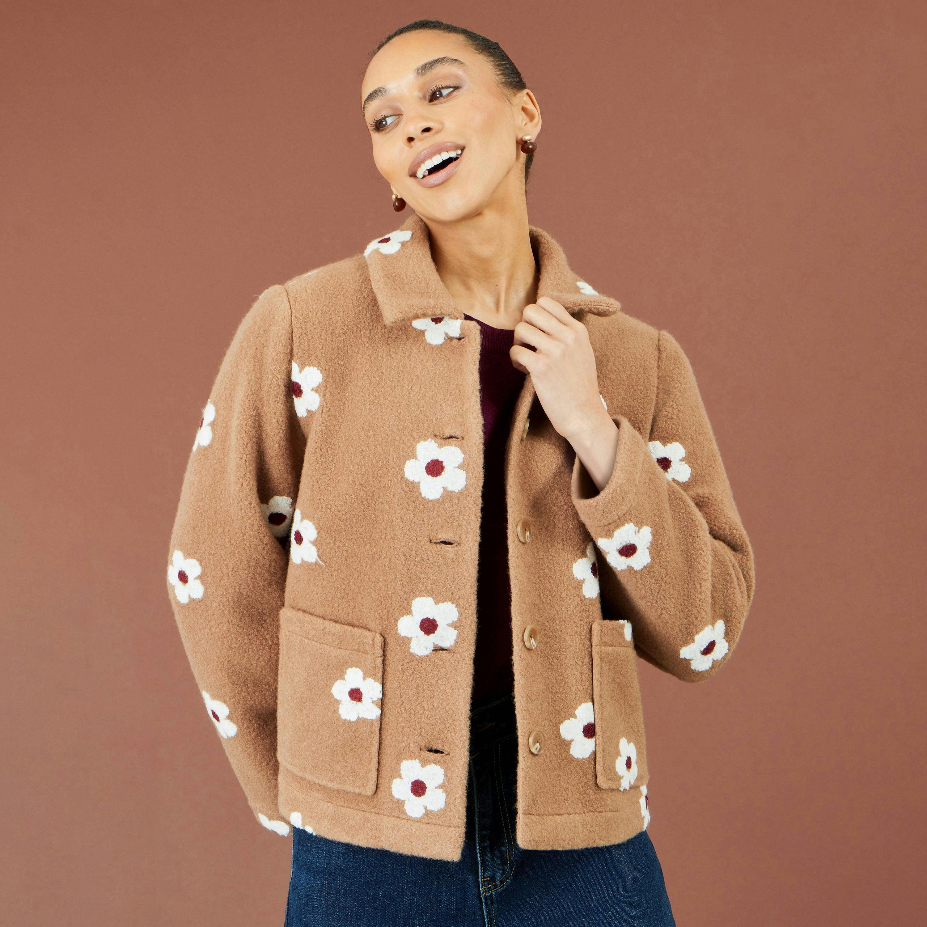 Yumi Brown Embroidered Daisy Fleece Jacket , view 2 of 4