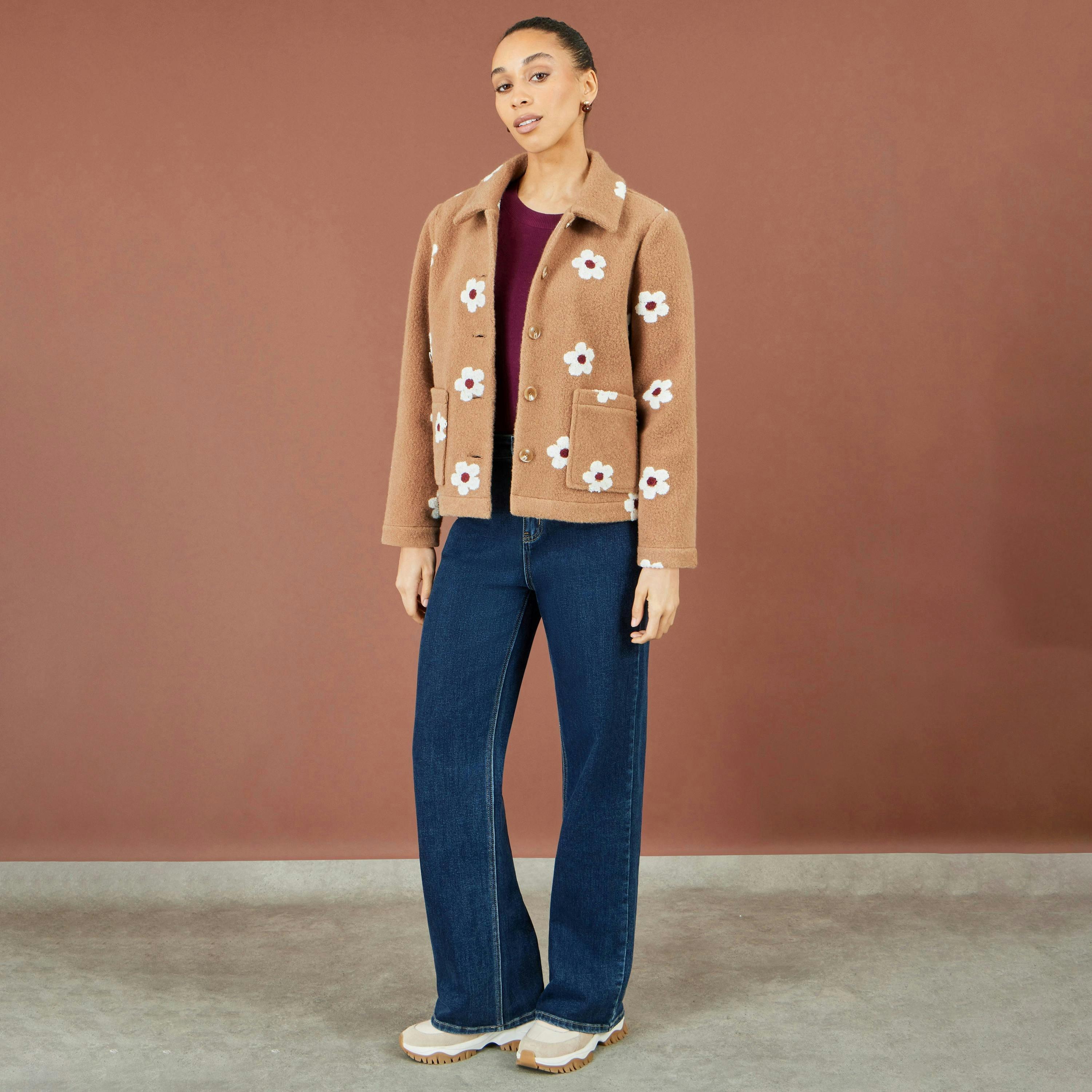 Yumi Brown Embroidered Daisy Fleece Jacket , view 3 of 4