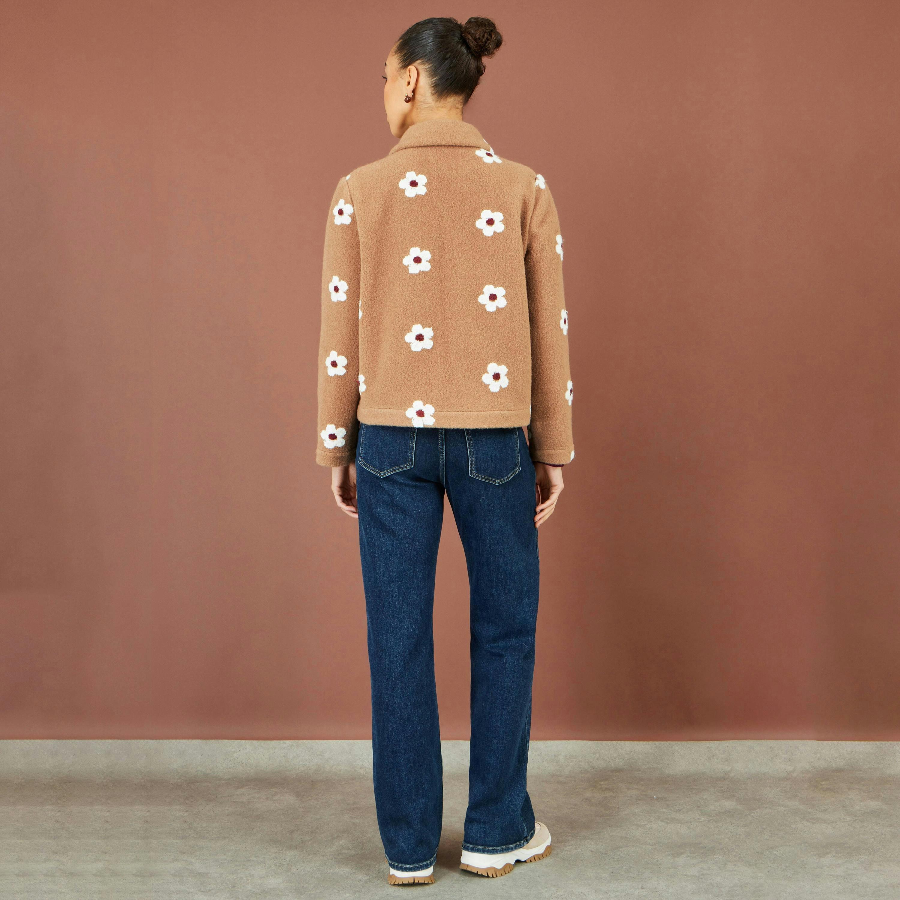 Yumi Brown Embroidered Daisy Fleece Jacket , view 4 of 4