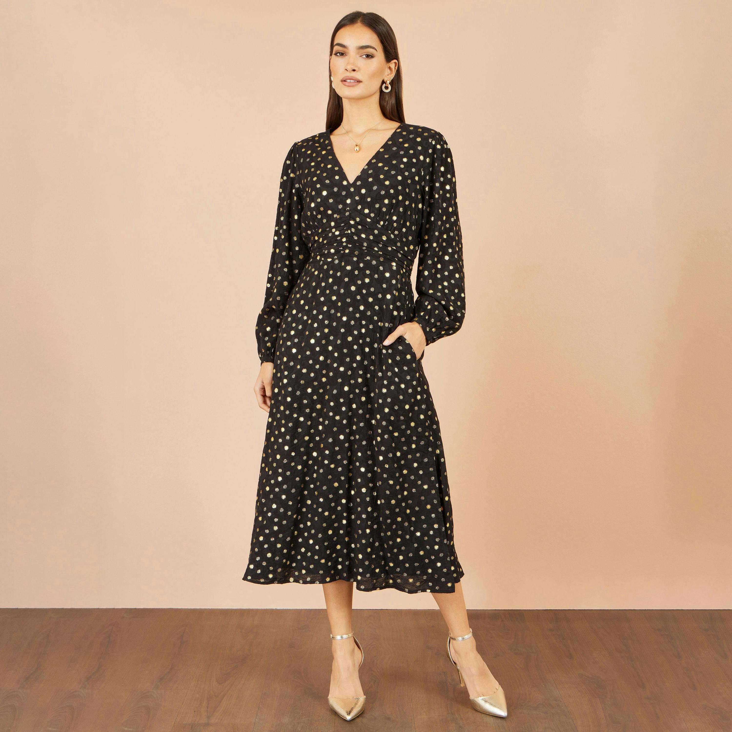 Yumi Black Foil Print Midi Dress , view 3 of 5