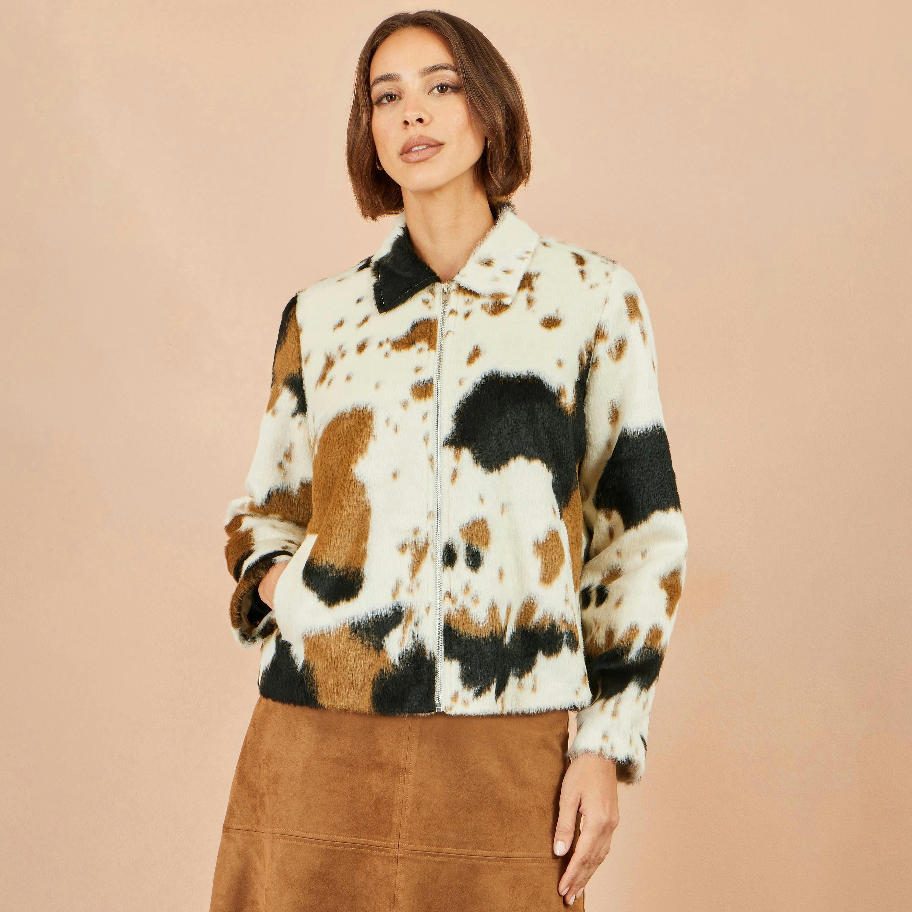 Yumi Brown Cow Print Faux Fur Zip Jacket , view 2 of 5