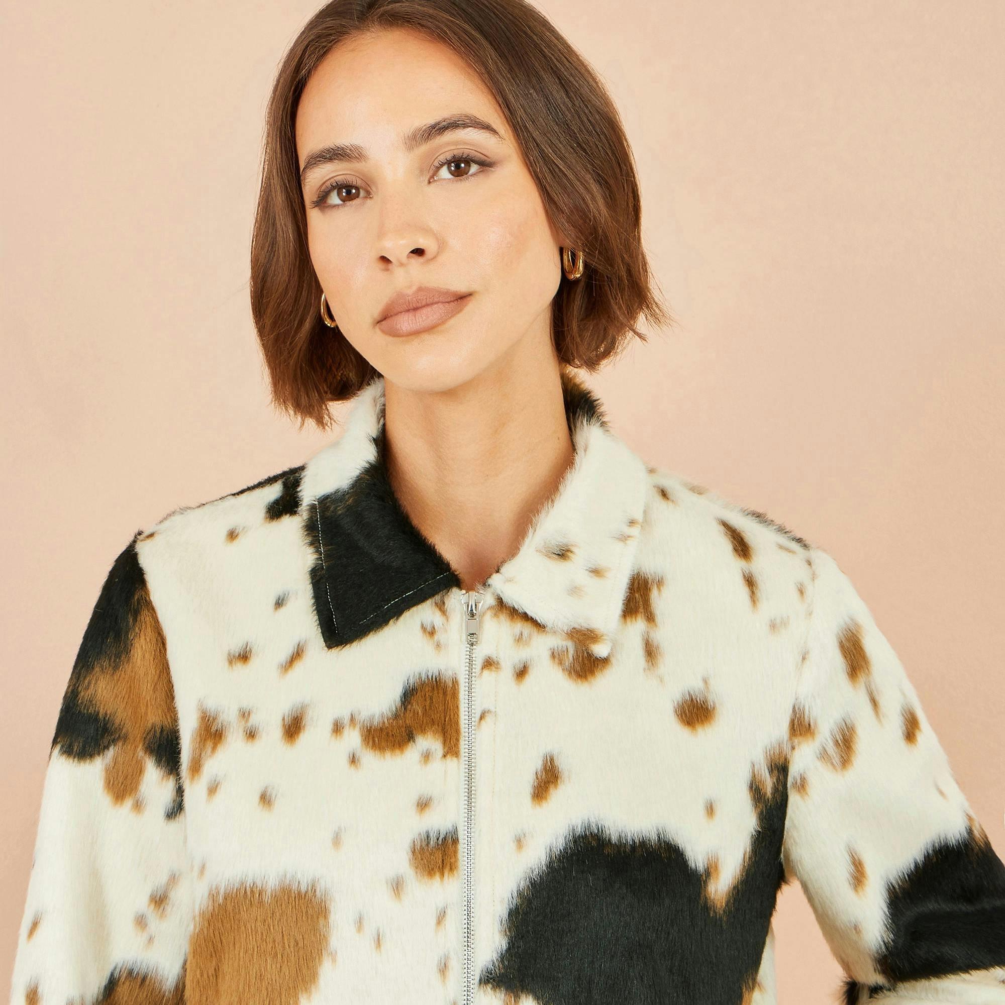 Yumi Brown Cow Print Faux Fur Zip Jacket , view 3 of 5