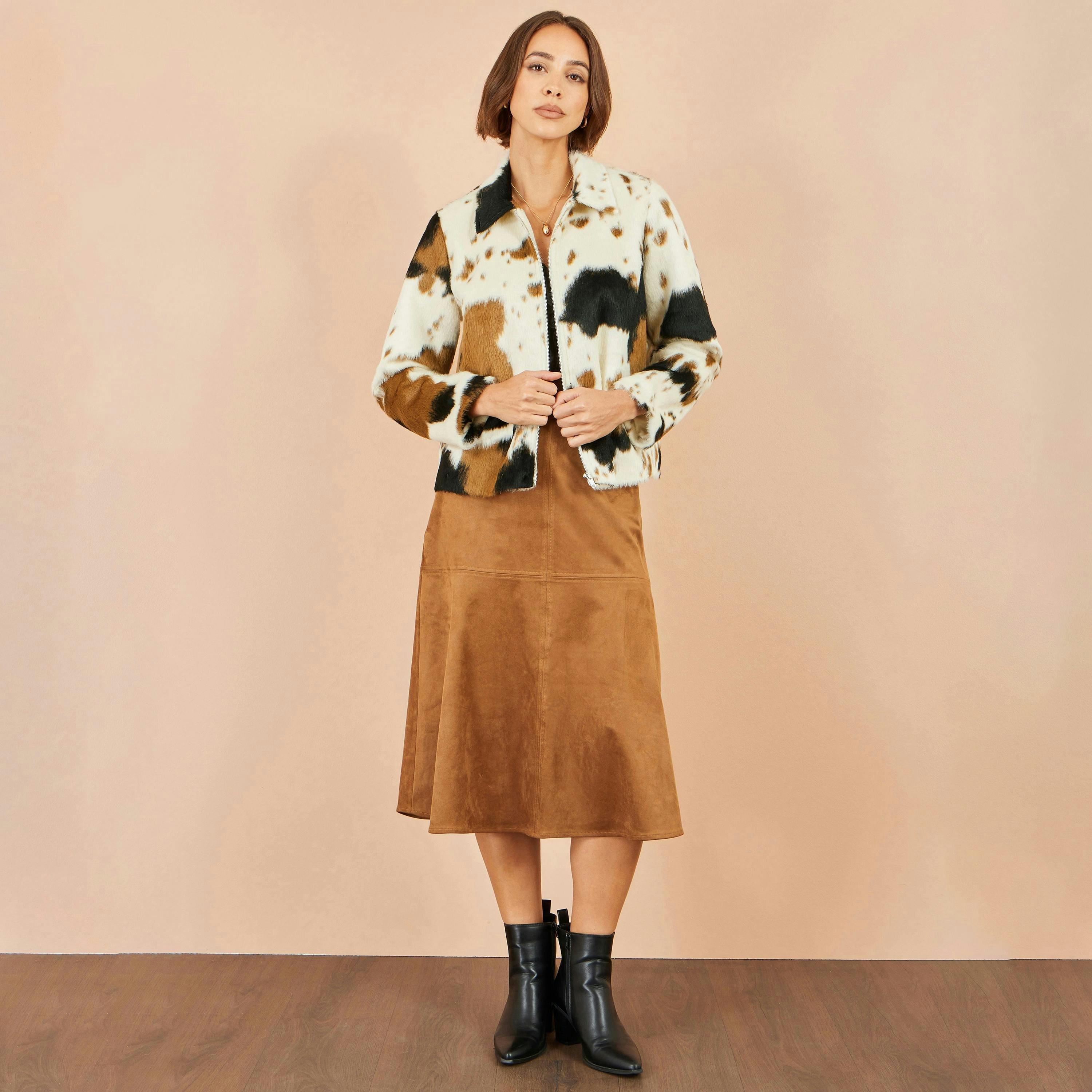 Yumi Brown Cow Print Faux Fur Zip Jacket , view 4 of 5