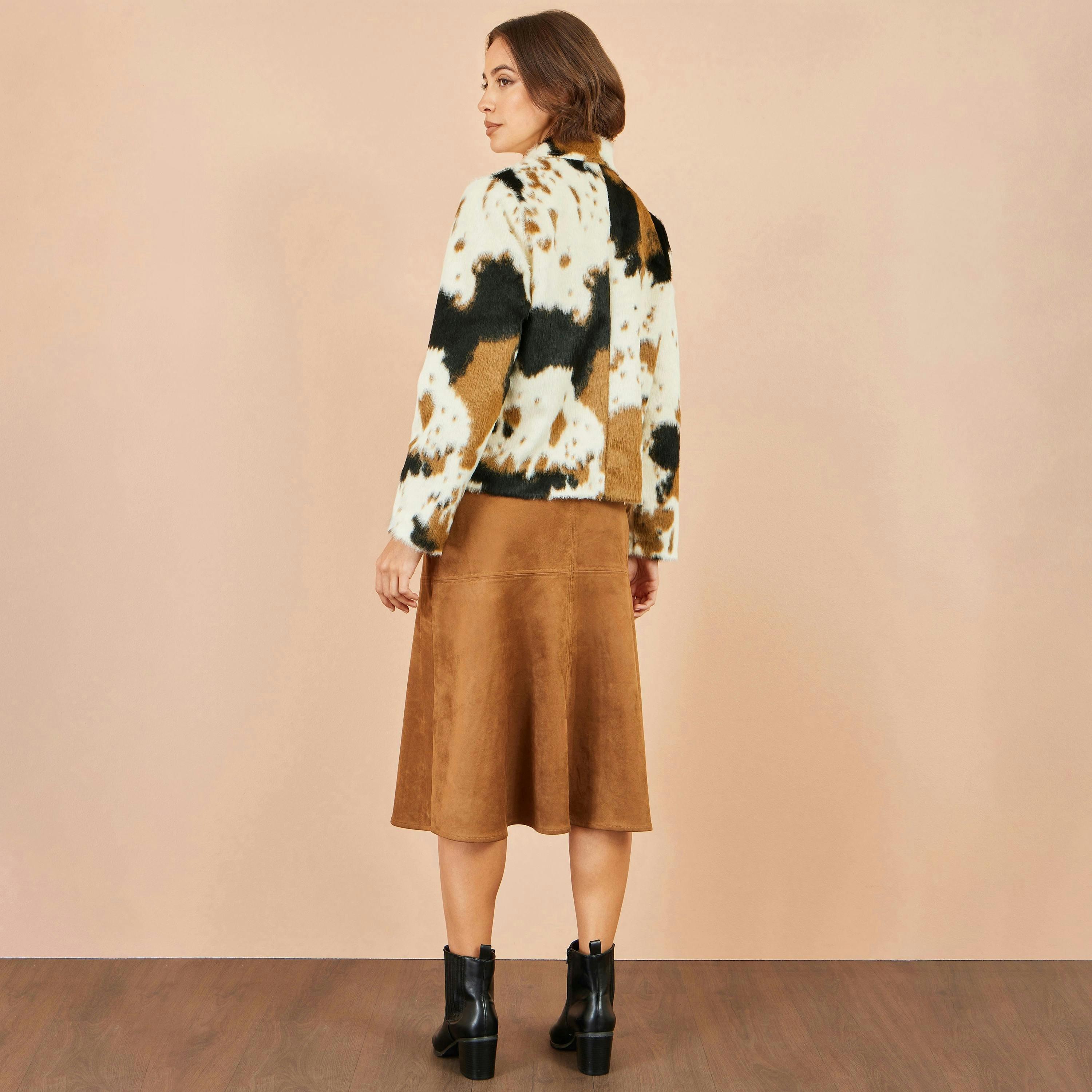 Yumi Brown Cow Print Faux Fur Zip Jacket , view 5 of 5