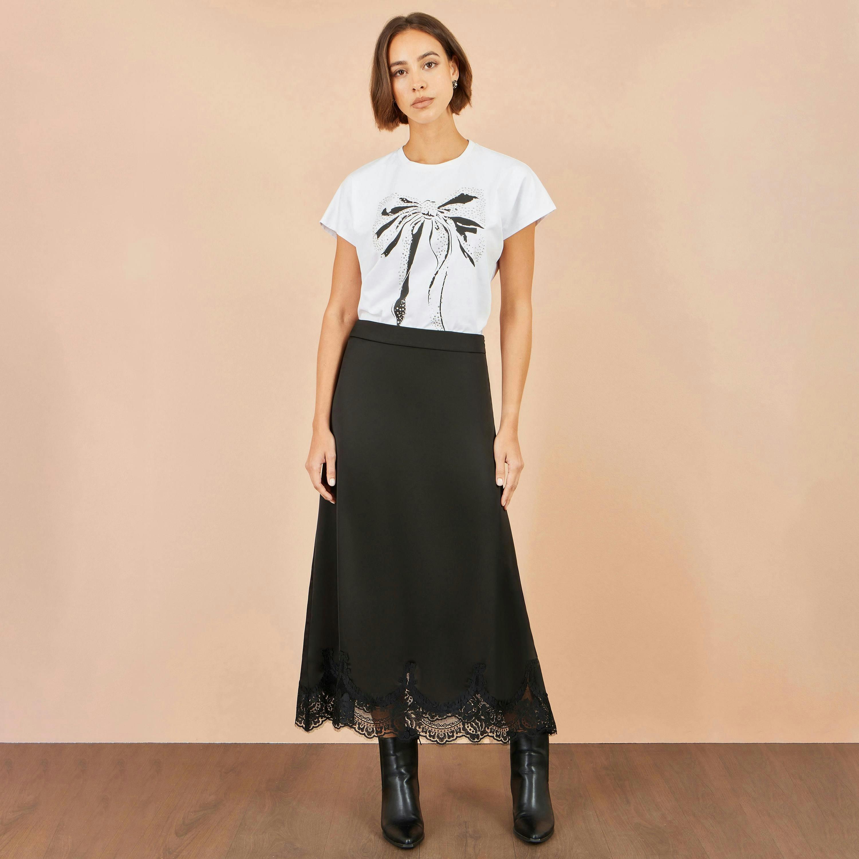 Yumi Black Satin Midi Skirt With Lace Trims , view 2 of 4