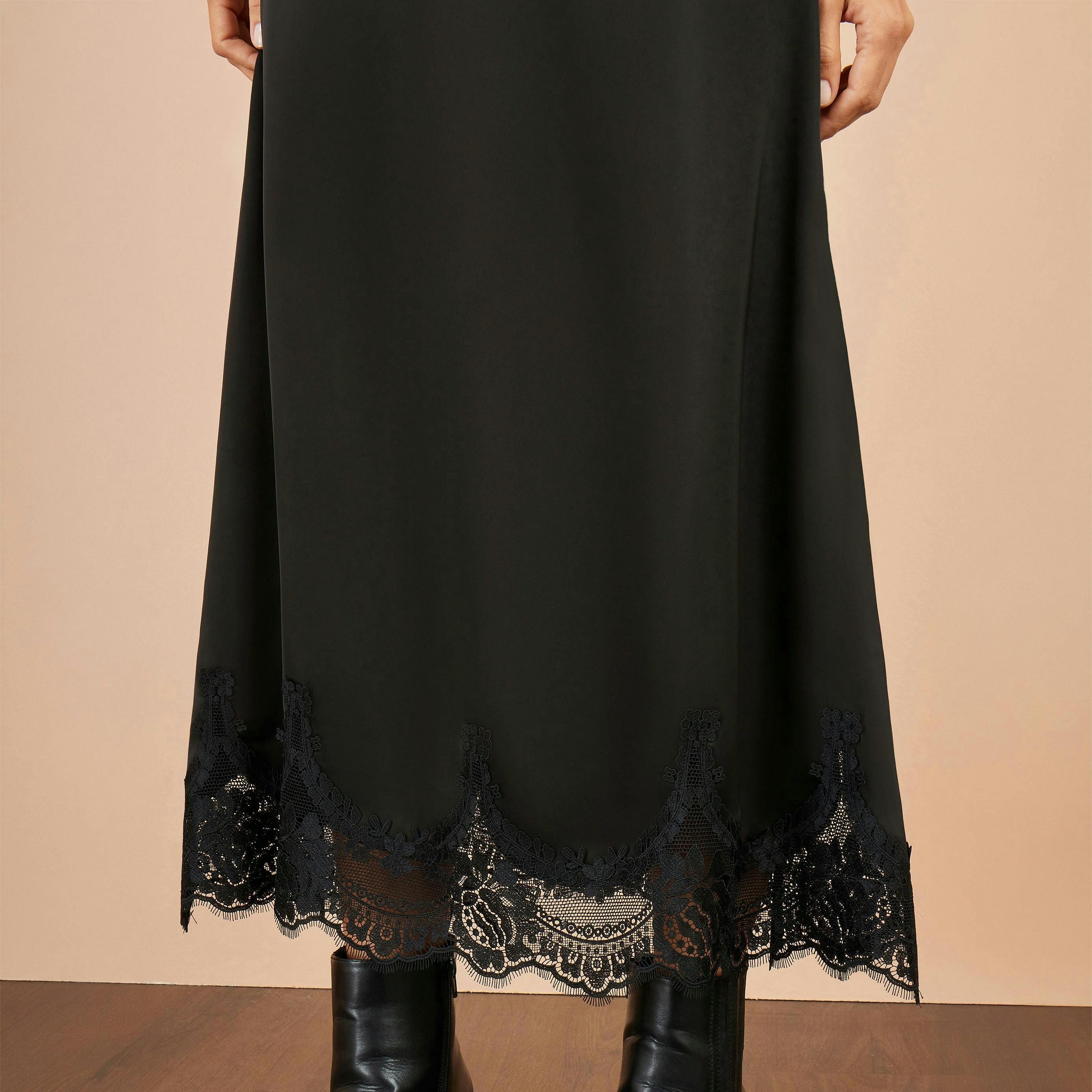 Yumi Black Satin Midi Skirt With Lace Trims , view 3 of 4